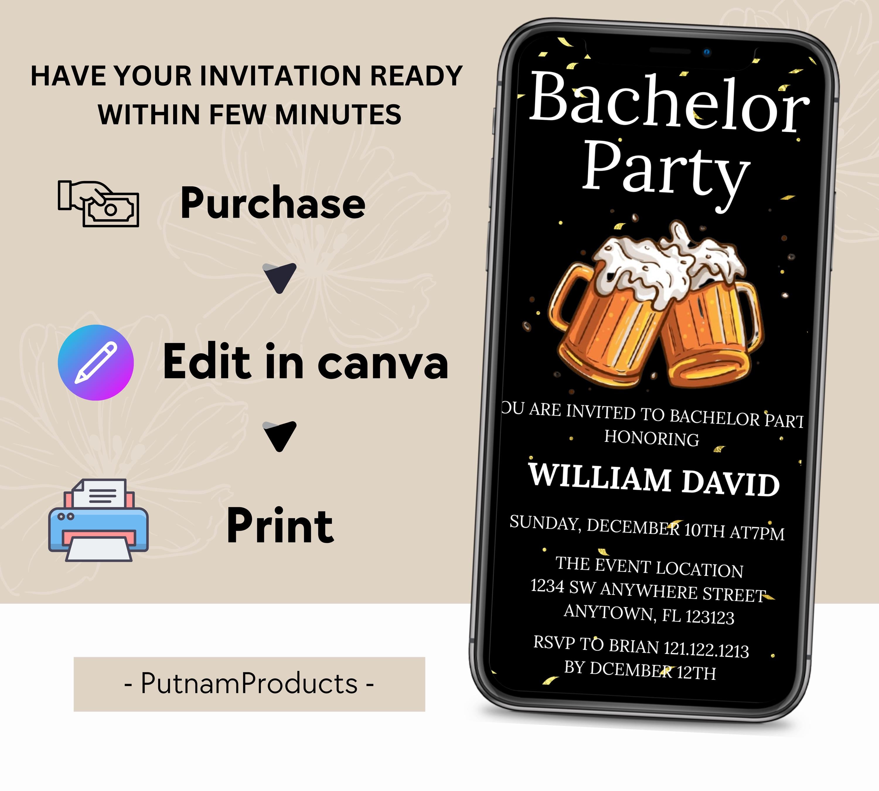 Bachelor Party Invitation Template, cheer and beer bachelor party invite, Editable Bachelor Weekend, Groomsmen Whiskey Cigar Invite