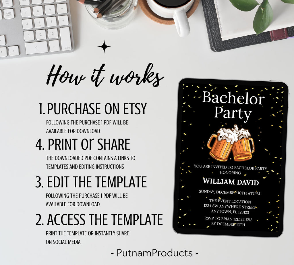 Bachelor Party Invitation Template, cheer and beer bachelor party invite, Editable Bachelor Weekend, Groomsmen Whiskey Cigar Invite