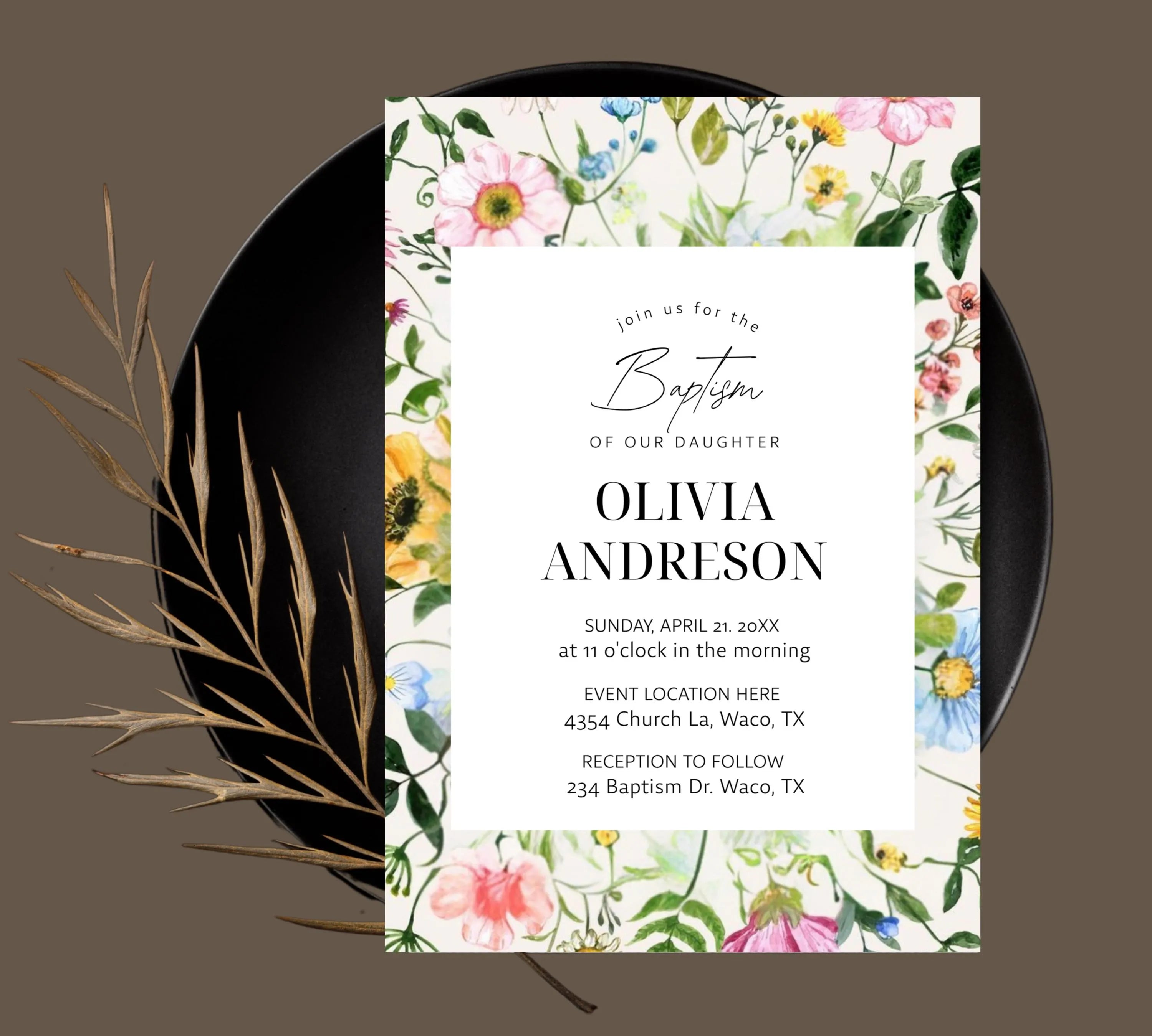 Wildflower Baptism Invitation Template, Wildflower Christening Invite, Pink Girls Baptism Invitation, Religious Cross, Floral Invitation