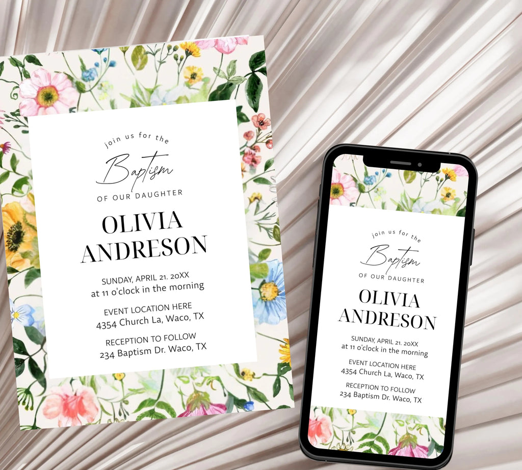 Wildflower Baptism Invitation Template, Wildflower Christening Invite, Pink Girls Baptism Invitation, Religious Cross, Floral Invitation
