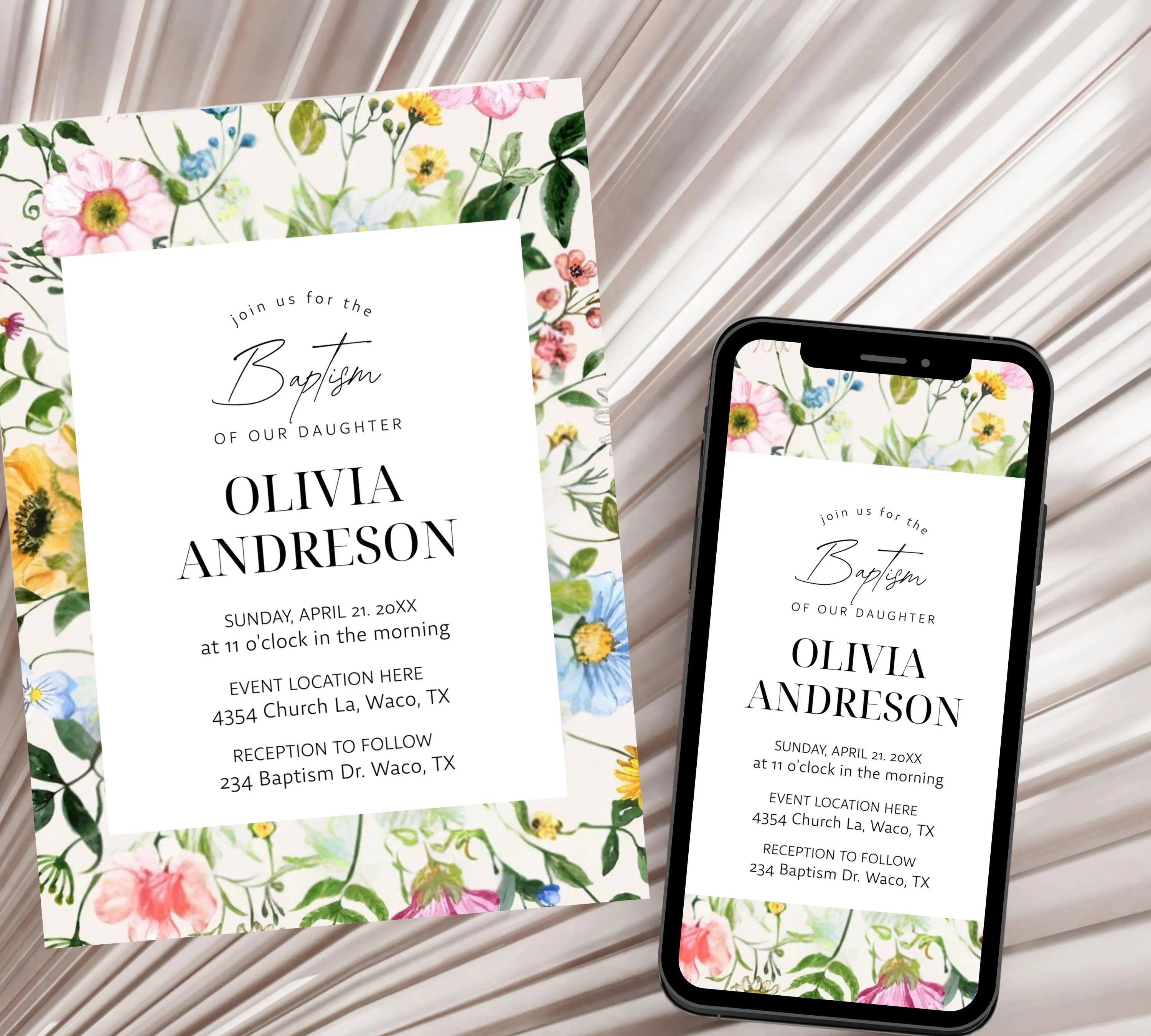 Wildflower Baptism Invitation Template, Wildflower Christening Invite, Pink Girls Baptism Invitation, Religious Cross, Floral Invitation
