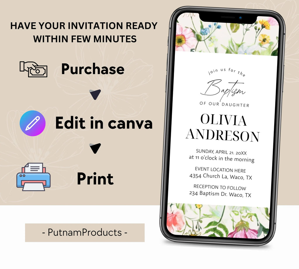 Wildflower Baptism Invitation Template, Wildflower Christening Invite, Pink Girls Baptism Invitation, Religious Cross, Floral Invitation