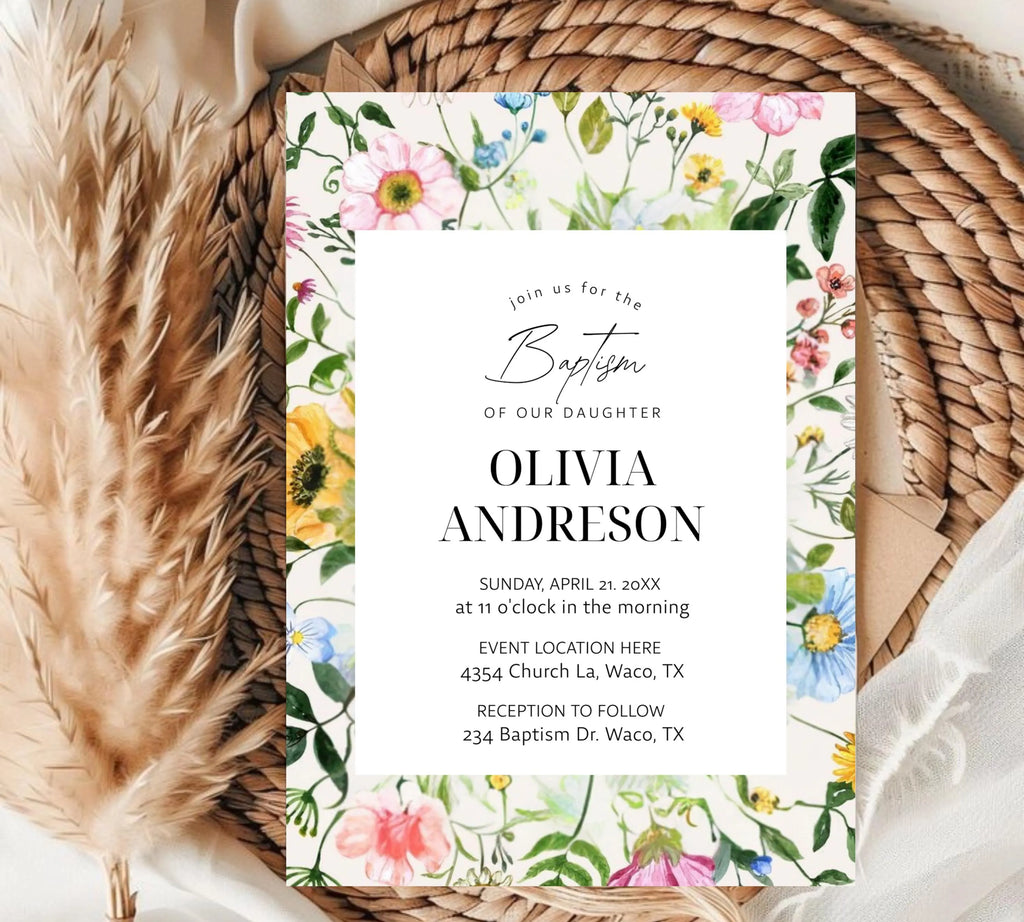 Wildflower Baptism Invitation Template, Wildflower Christening Invite, Pink Girls Baptism Invitation, Religious Cross, Floral Invitation