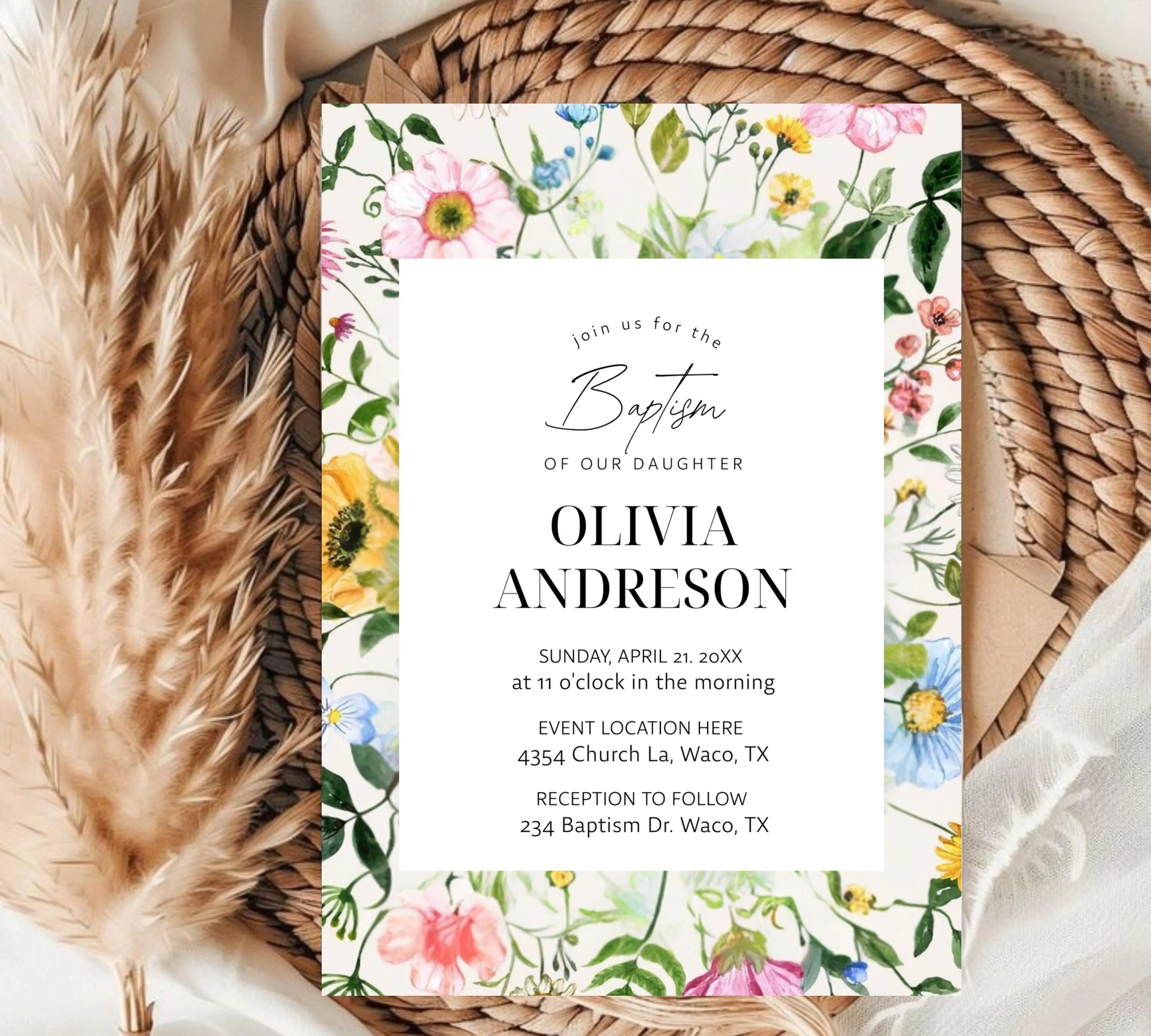 Wildflower Baptism Invitation Template, Wildflower Christening Invite, Pink Girls Baptism Invitation, Religious Cross, Floral Invitation