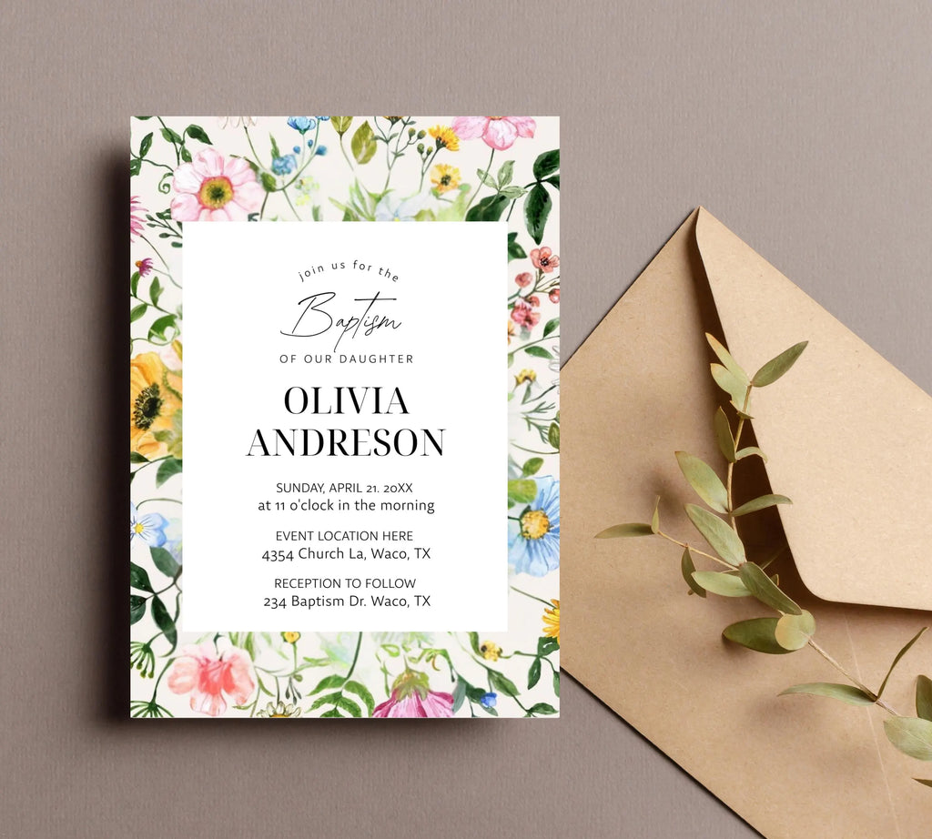 Wildflower Baptism Invitation Template, Wildflower Christening Invite, Pink Girls Baptism Invitation, Religious Cross, Floral Invitation