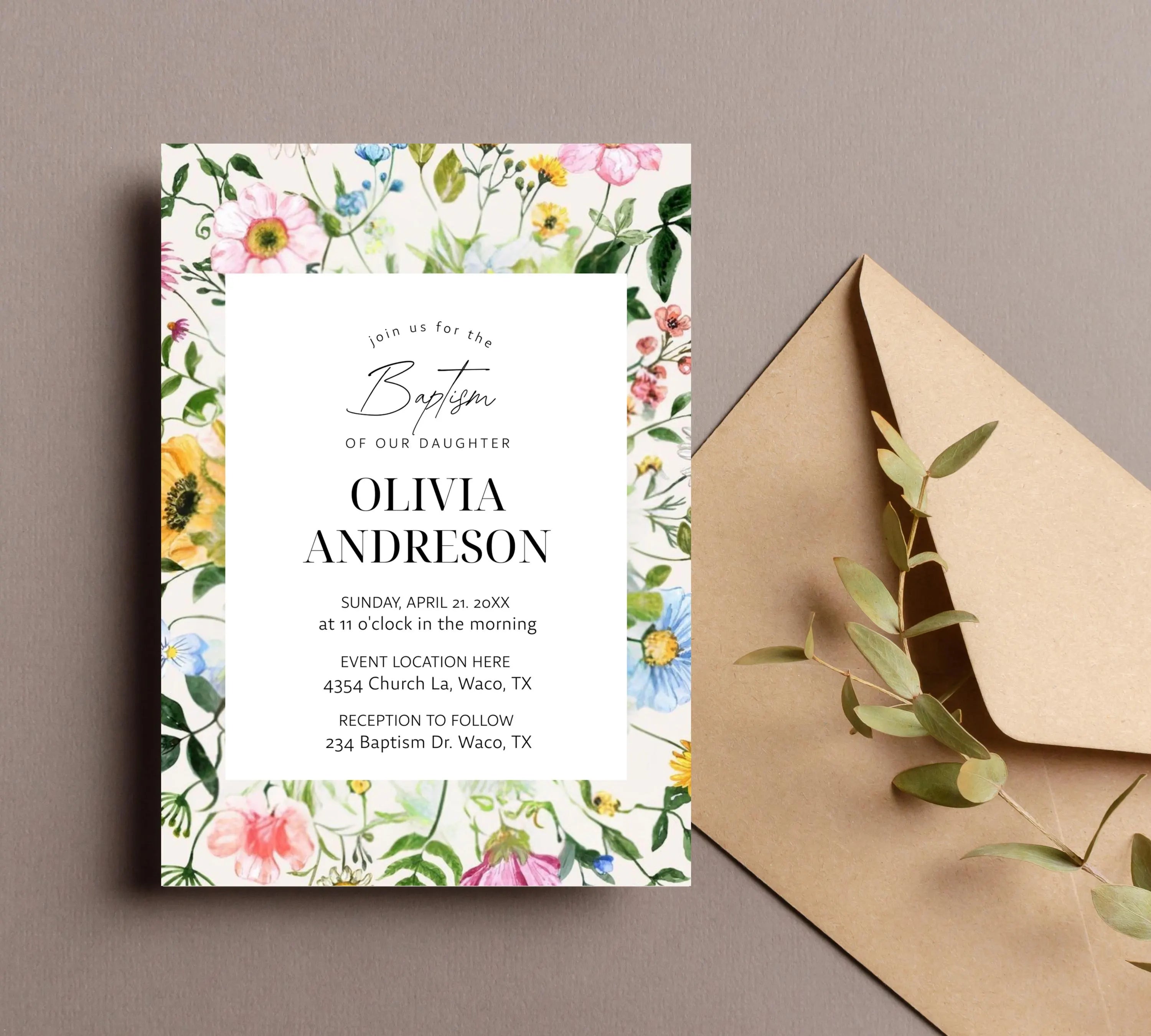 Wildflower Baptism Invitation Template, Wildflower Christening Invite, Pink Girls Baptism Invitation, Religious Cross, Floral Invitation