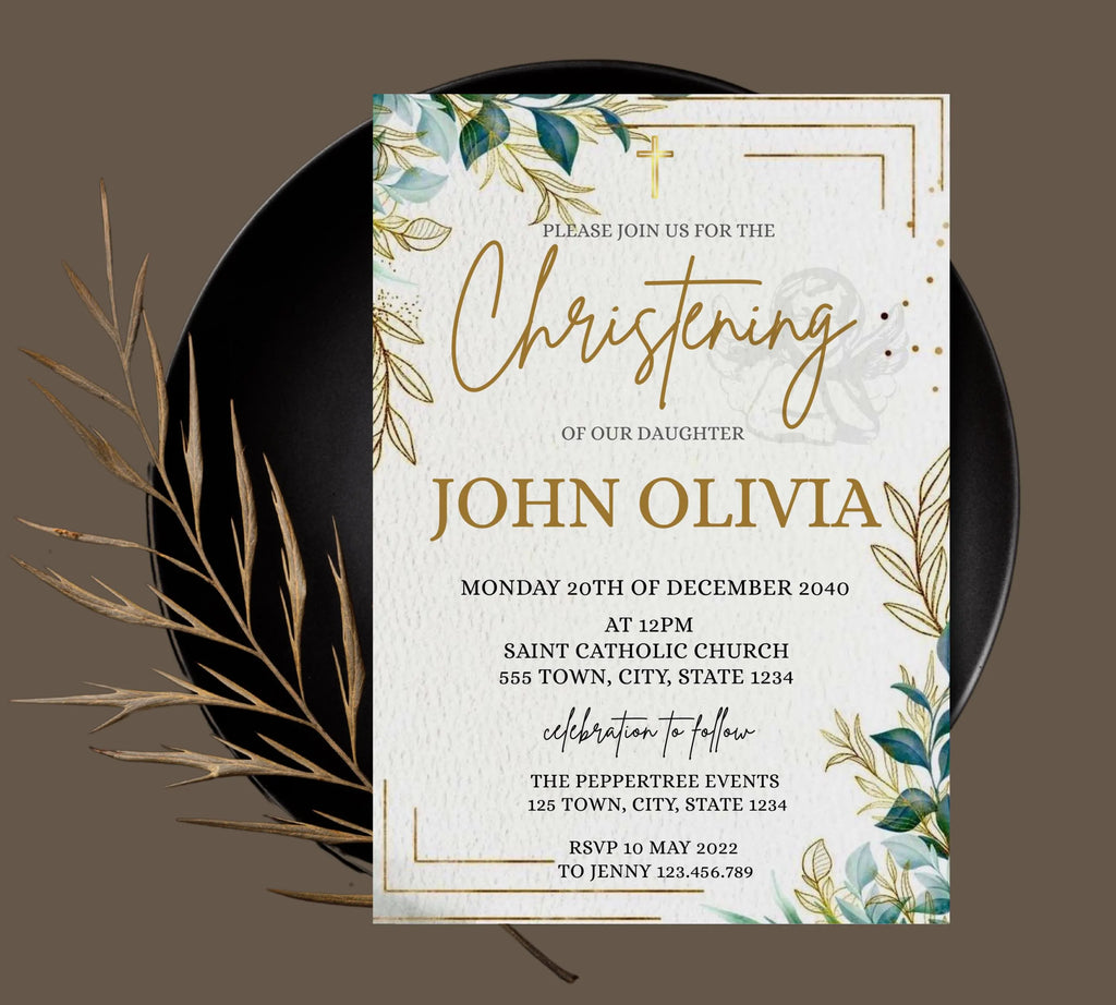 Modern Christening Invitation, Minimalist Greenery Baptism Invitation Template, Christening Invite, Religious Cross, Greenery Baptism Invite