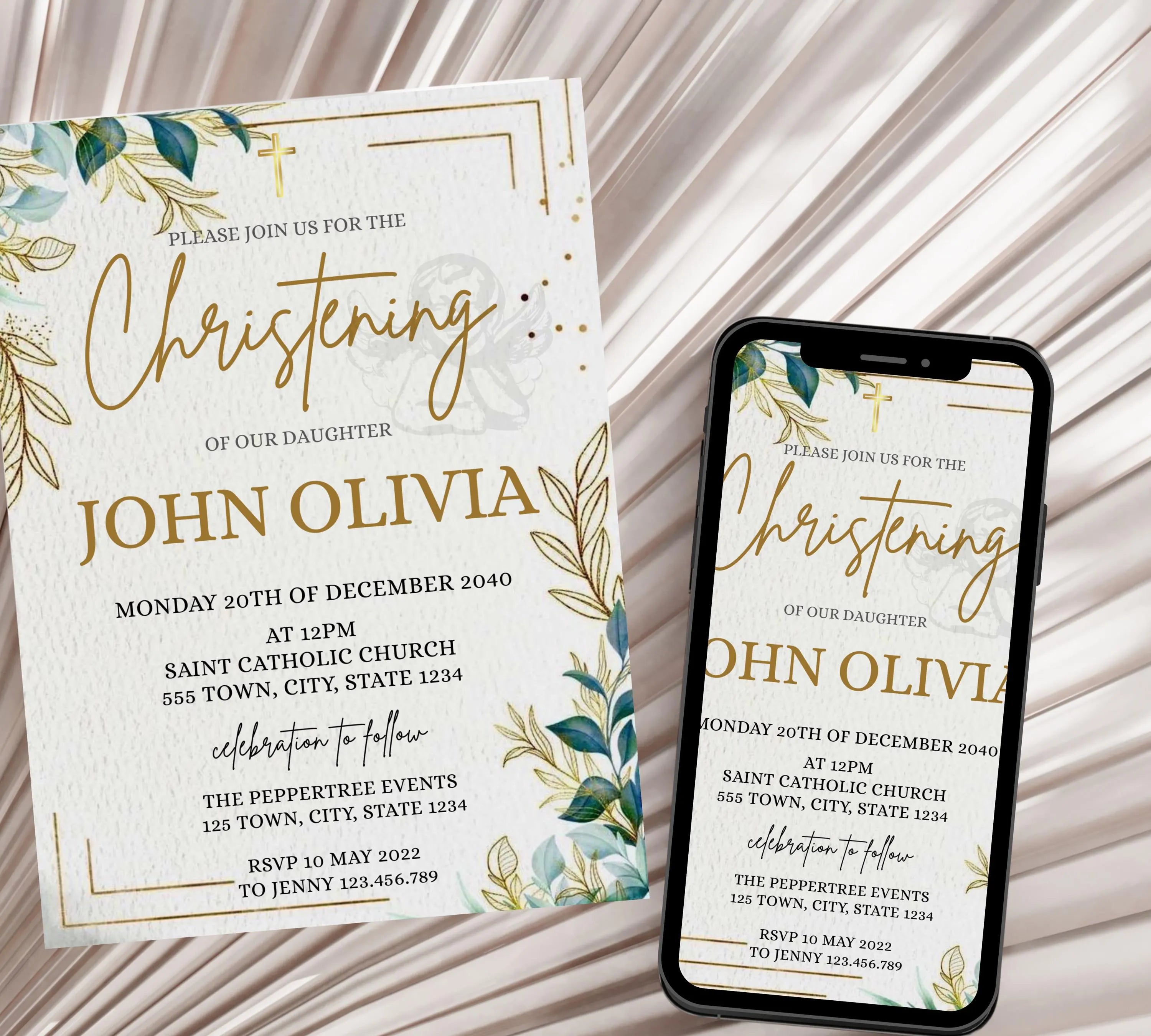 Modern Christening Invitation, Minimalist Greenery Baptism Invitation Template, Christening Invite, Religious Cross, Greenery Baptism Invite