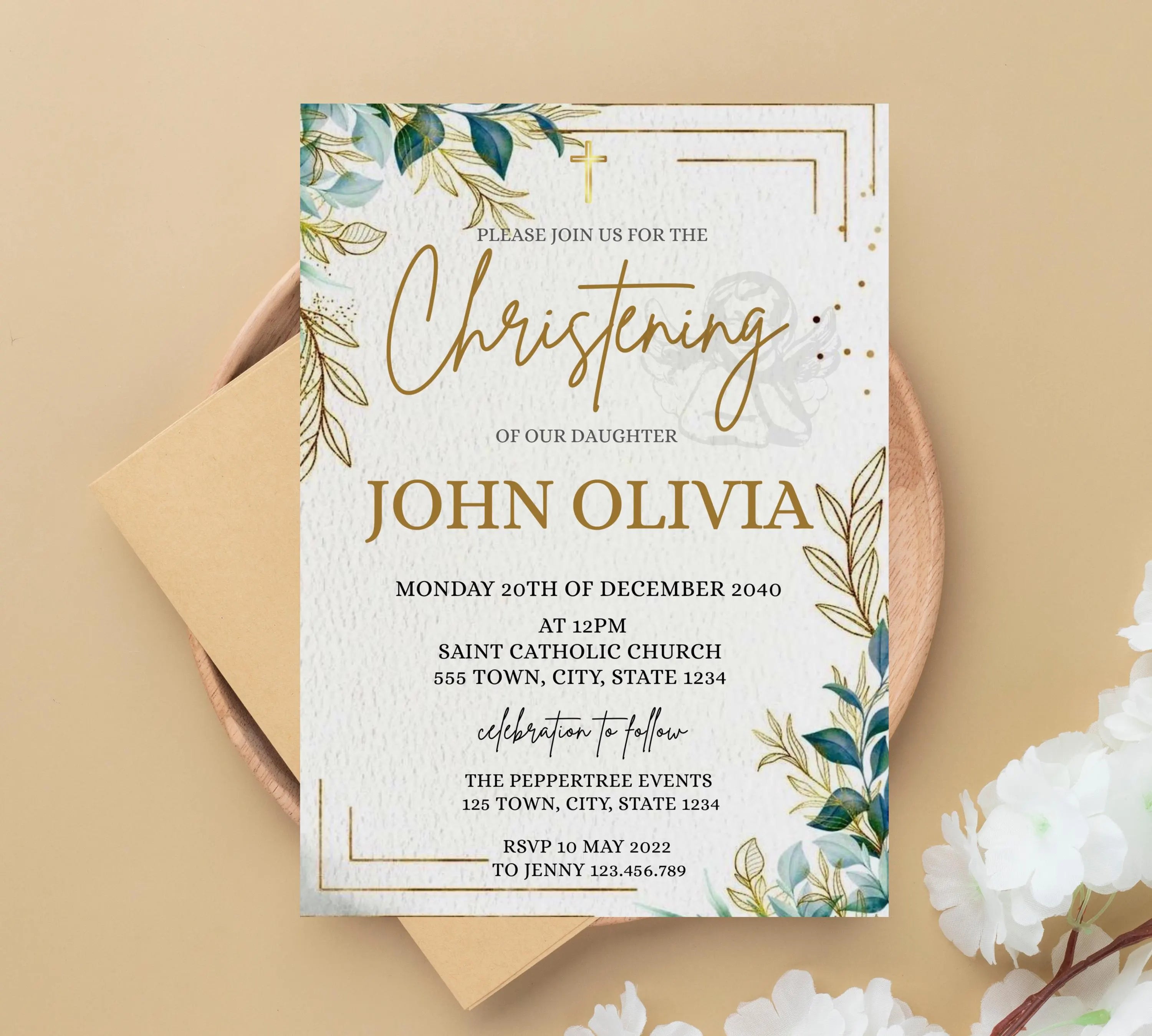 Modern Christening Invitation, Minimalist Greenery Baptism Invitation Template, Christening Invite, Religious Cross, Greenery Baptism Invite