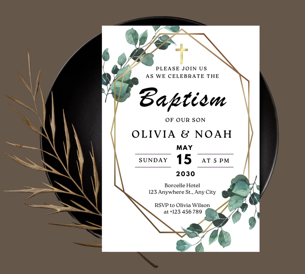 Editable Minimalist Greenery Baptism Invitation Template, Christening Invite, Religious Cross, Printable Baptism, Greenery Baptism Invite