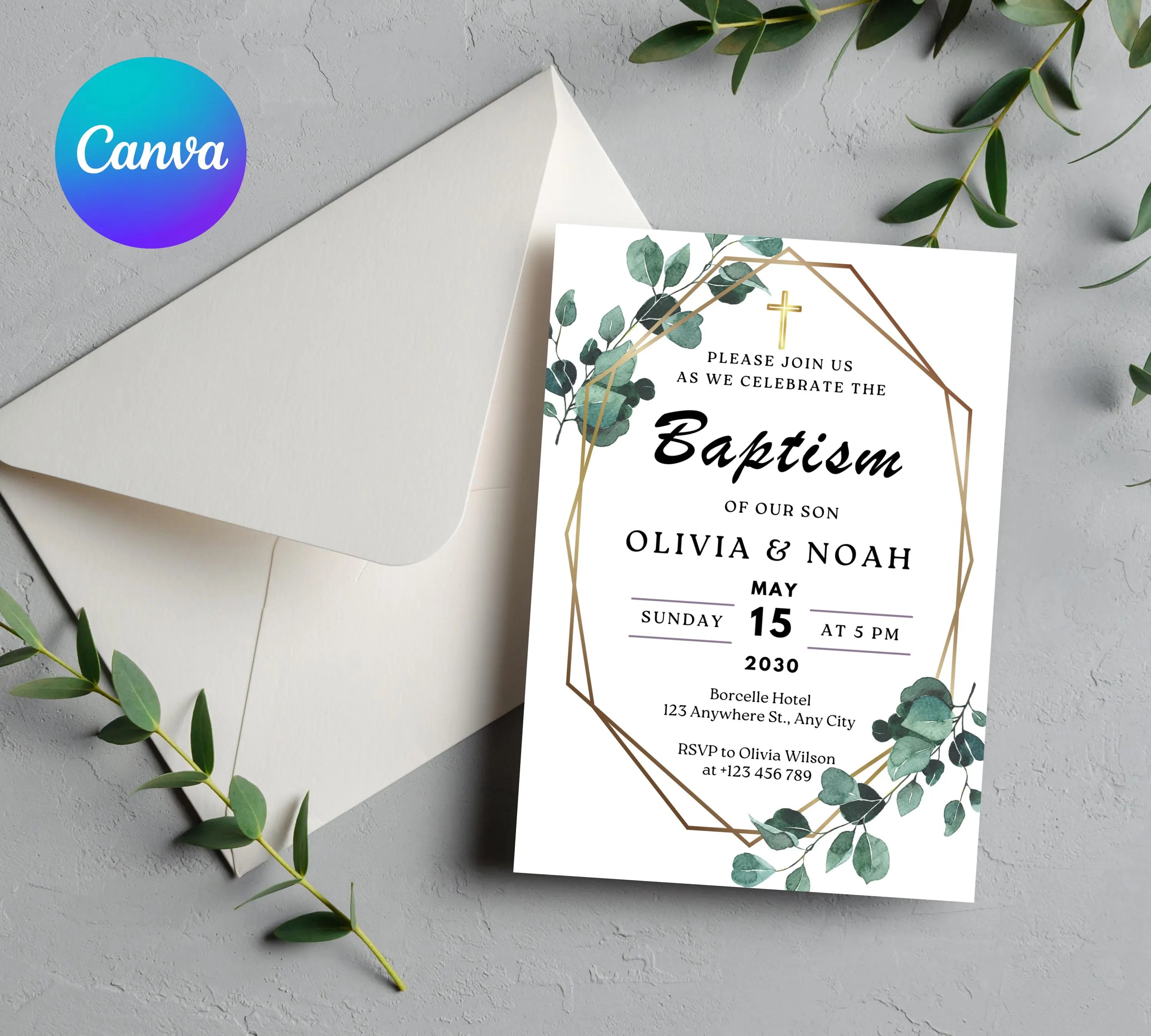 Editable Minimalist Greenery Baptism Invitation Template, Christening Invite, Religious Cross, Printable Baptism, Greenery Baptism Invite