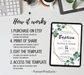 Editable Minimalist Greenery Baptism Invitation Template, Christening Invite, Religious Cross, Printable Baptism, Greenery Baptism Invite