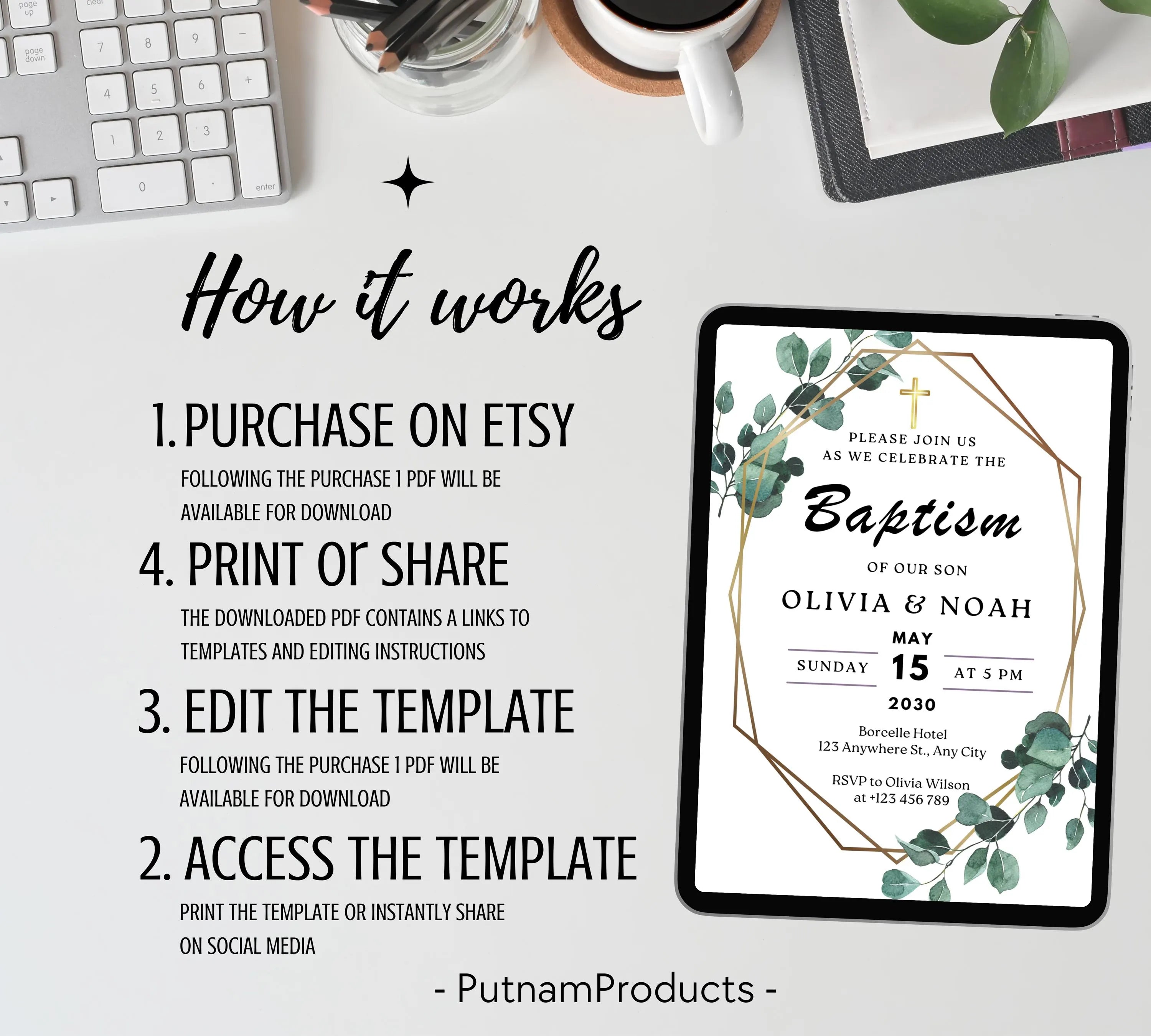 Editable Minimalist Greenery Baptism Invitation Template, Christening Invite, Religious Cross, Printable Baptism, Greenery Baptism Invite