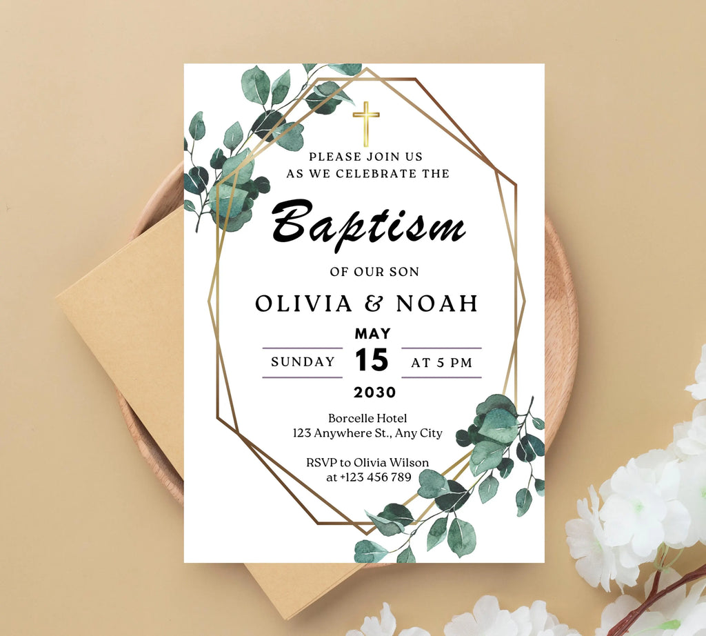 Editable Minimalist Greenery Baptism Invitation Template, Christening Invite, Religious Cross, Printable Baptism, Greenery Baptism Invite