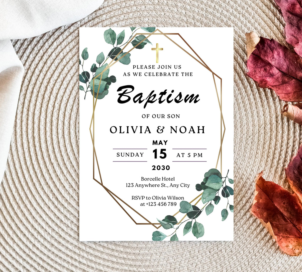Editable Minimalist Greenery Baptism Invitation Template, Christening Invite, Religious Cross, Printable Baptism, Greenery Baptism Invite