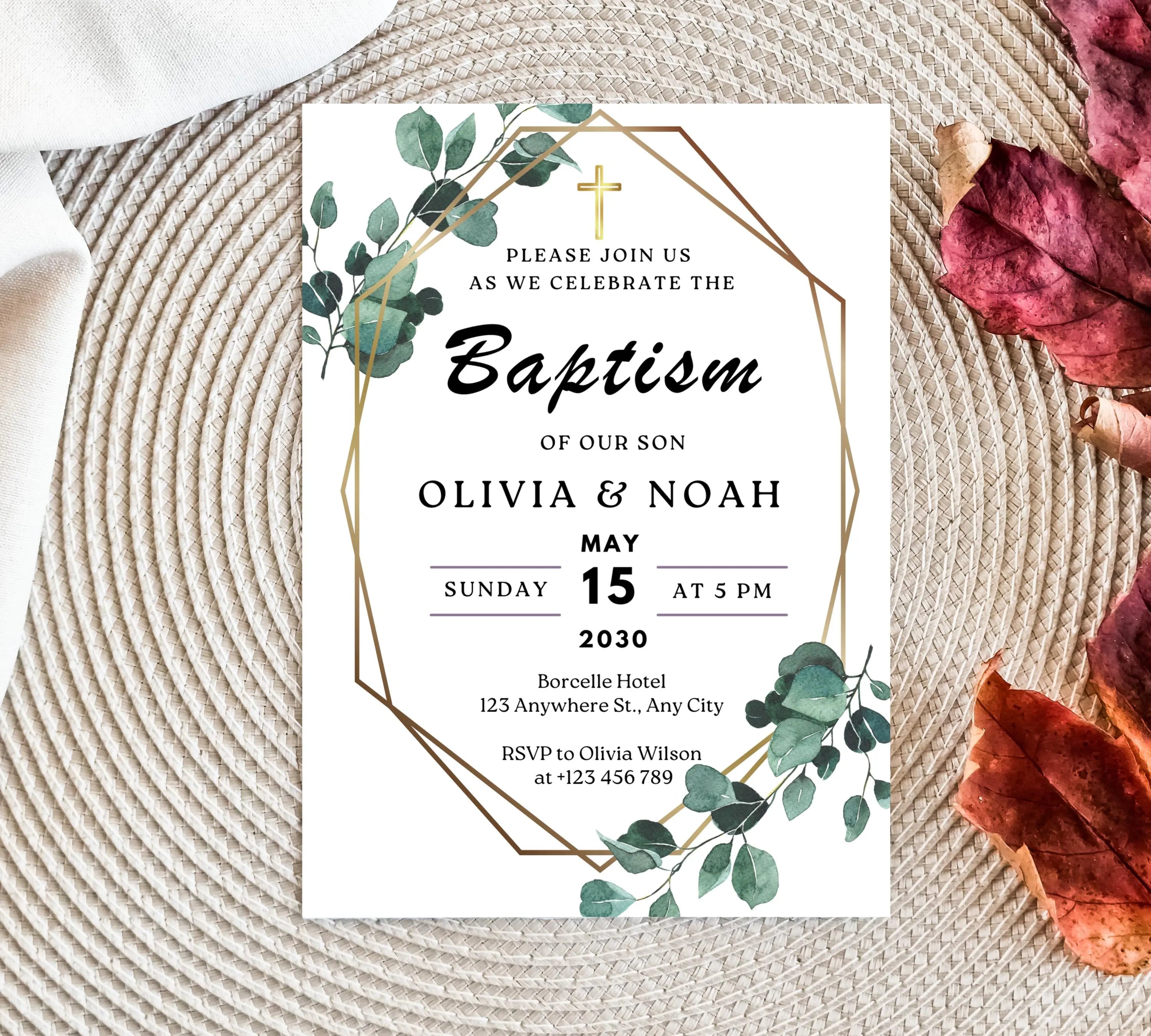 Editable Minimalist Greenery Baptism Invitation Template, Christening Invite, Religious Cross, Printable Baptism, Greenery Baptism Invite