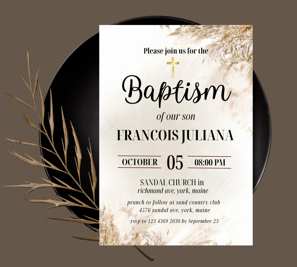 Editable Boho Blush Baptism  Invitation, Christening Invite, Religious Cross, Boho Blush Christening Invite, Pink Girls Baptism Invitation