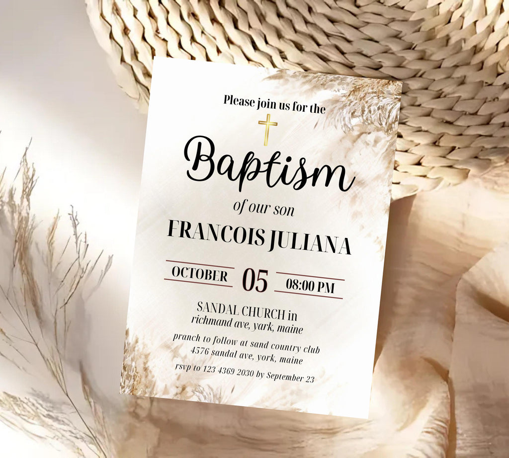 Editable Boho Blush Baptism  Invitation, Christening Invite, Religious Cross, Boho Blush Christening Invite, Pink Girls Baptism Invitation