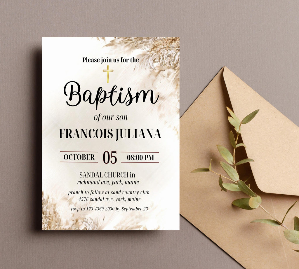 Editable Boho Blush Baptism  Invitation, Christening Invite, Religious Cross, Boho Blush Christening Invite, Pink Girls Baptism Invitation