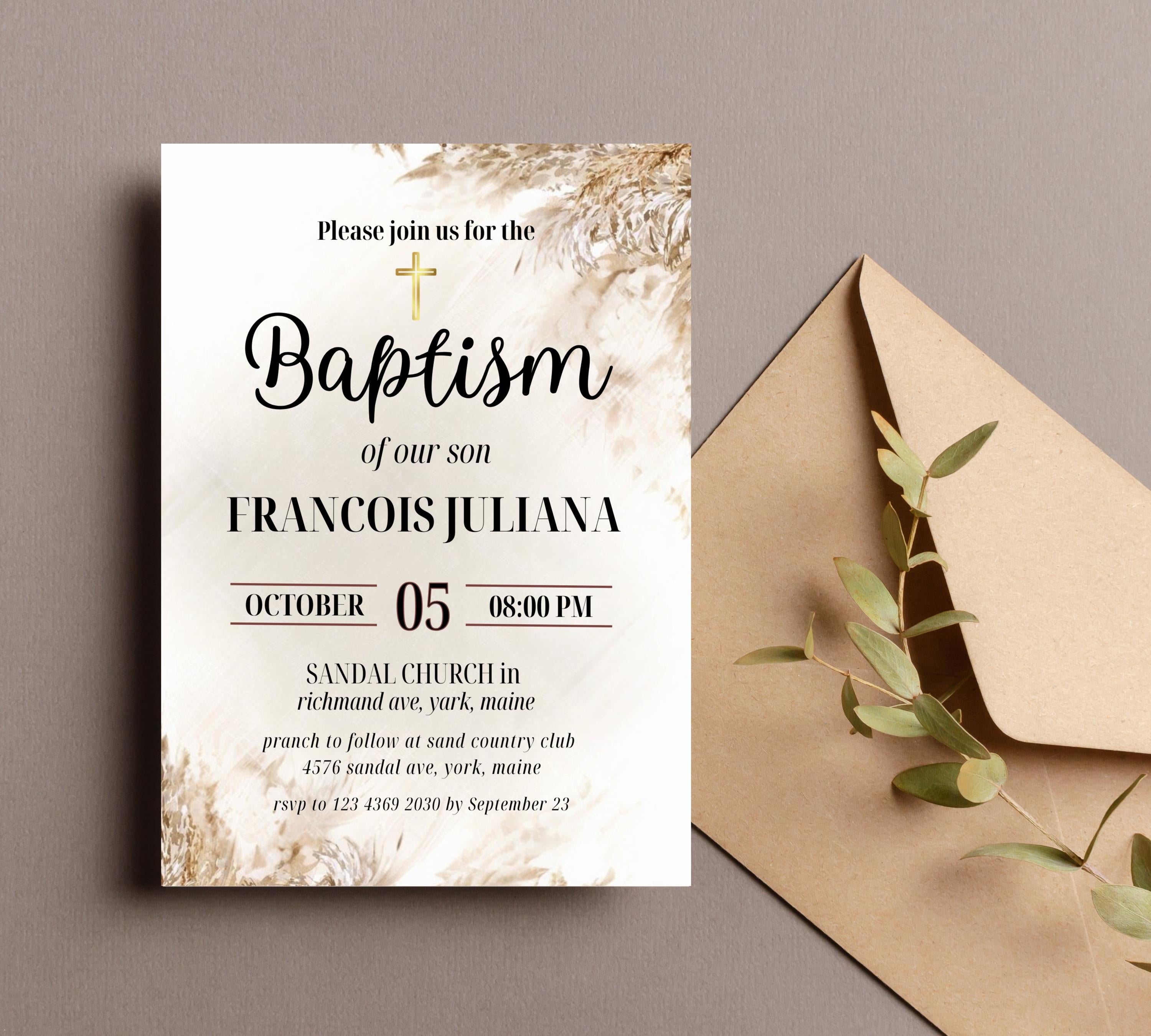 Editable Boho Blush Baptism  Invitation, Christening Invite, Religious Cross, Boho Blush Christening Invite, Pink Girls Baptism Invitation