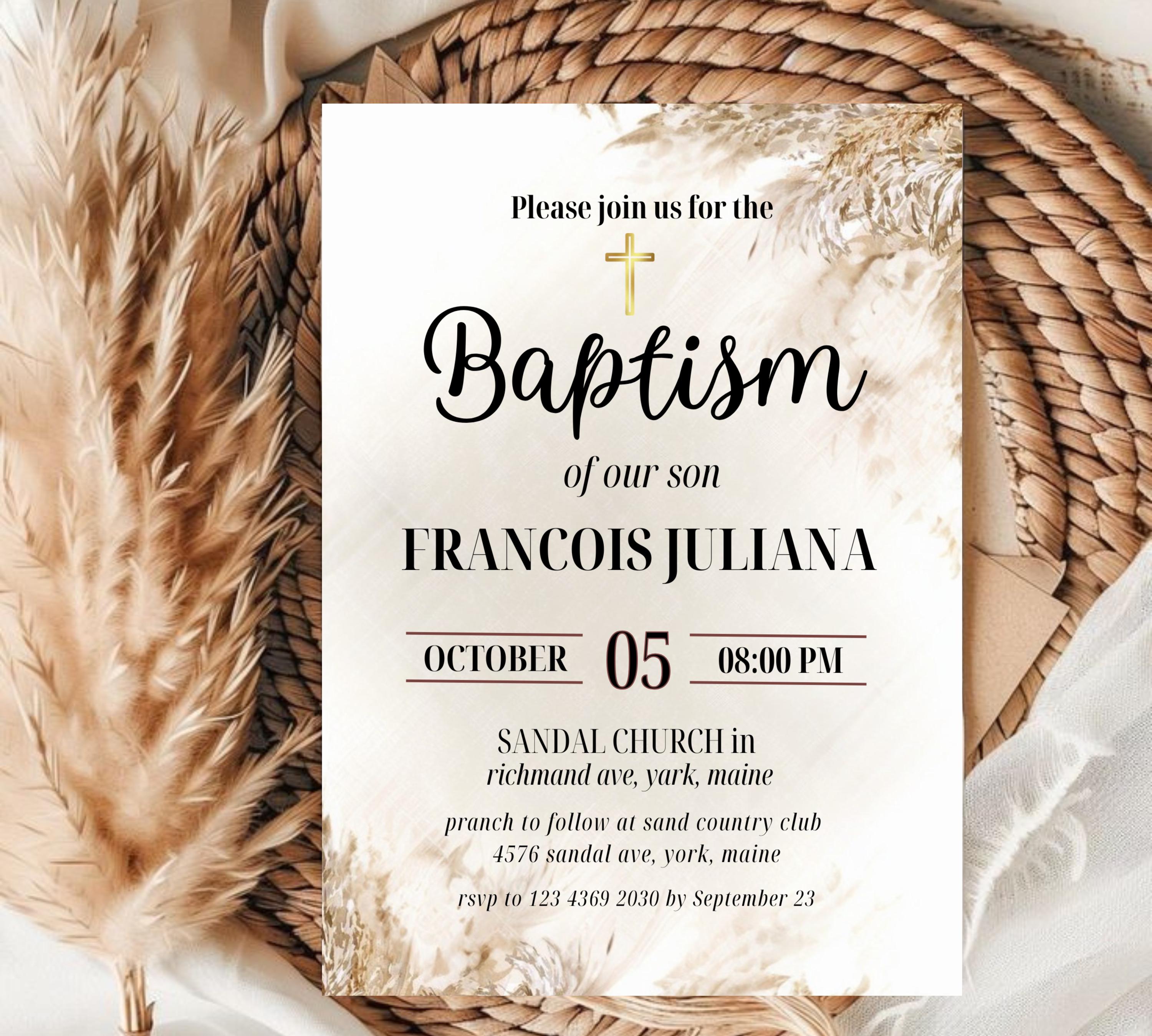 Editable Boho Blush Baptism  Invitation, Christening Invite, Religious Cross, Boho Blush Christening Invite, Pink Girls Baptism Invitation
