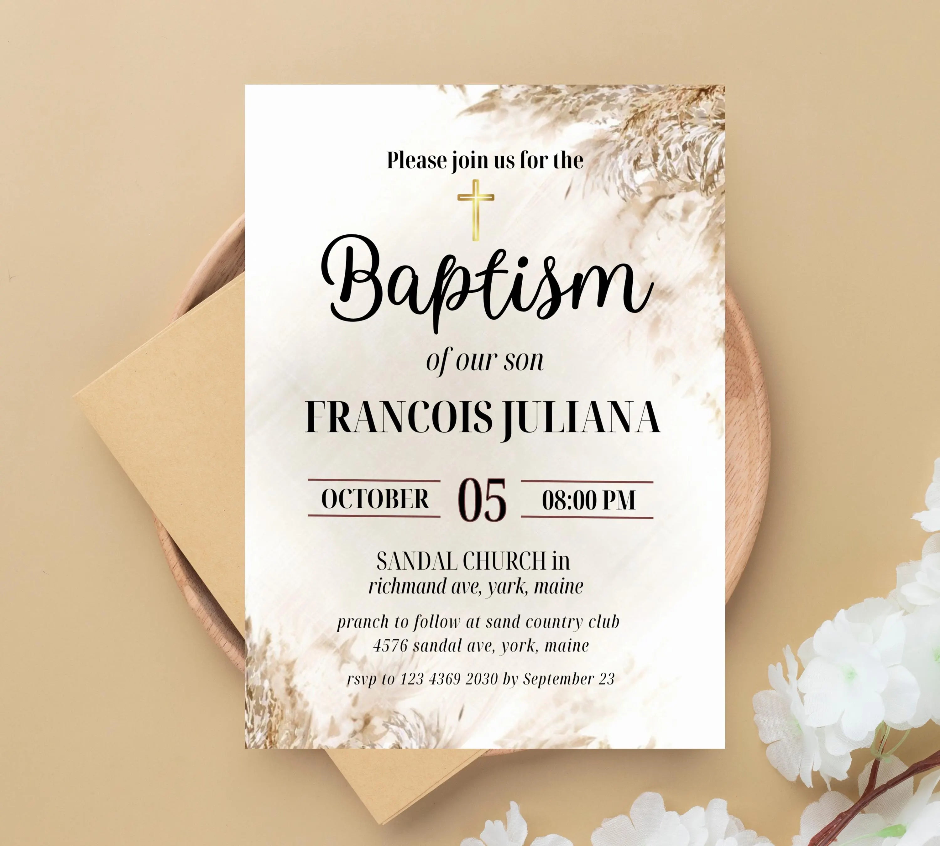 Editable Boho Blush Baptism  Invitation, Christening Invite, Religious Cross, Boho Blush Christening Invite, Pink Girls Baptism Invitation