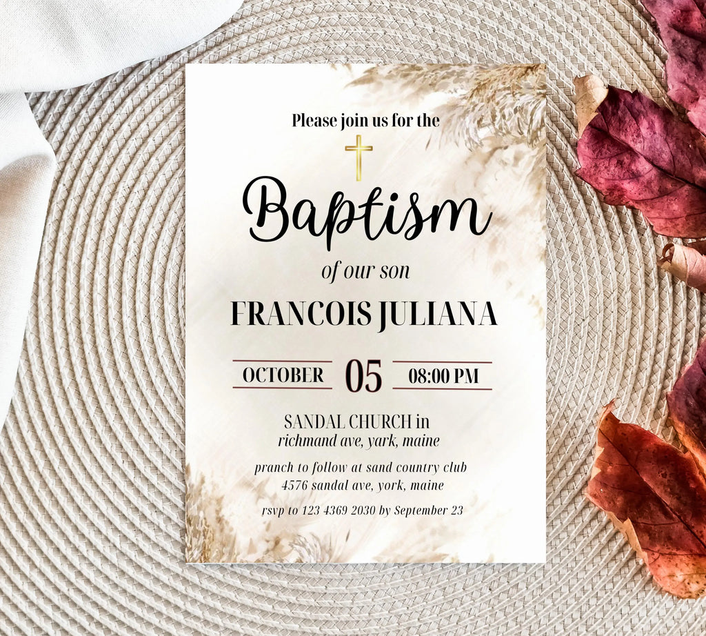 Editable Boho Blush Baptism  Invitation, Christening Invite, Religious Cross, Boho Blush Christening Invite, Pink Girls Baptism Invitation
