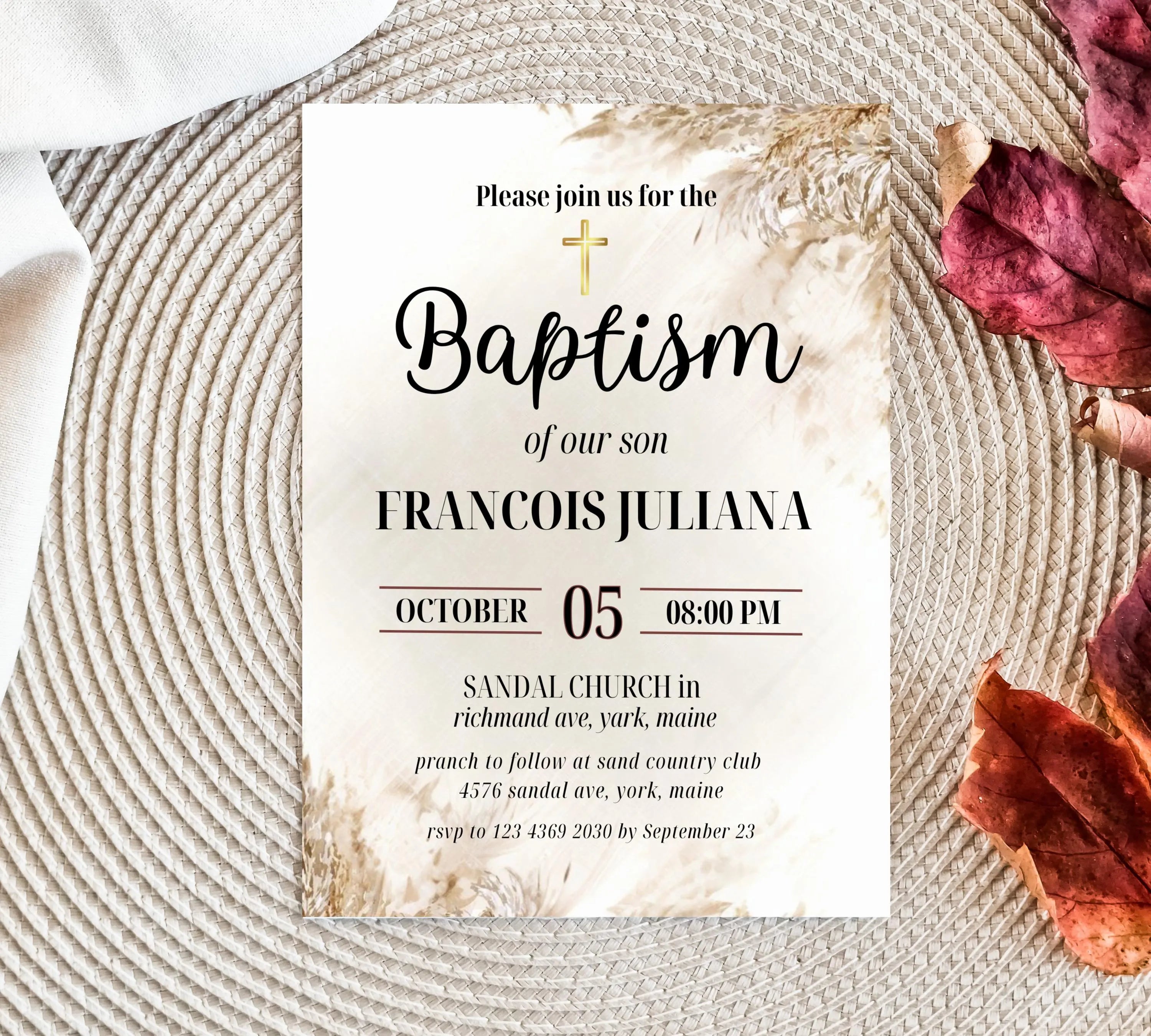 Editable Boho Blush Baptism  Invitation, Christening Invite, Religious Cross, Boho Blush Christening Invite, Pink Girls Baptism Invitation