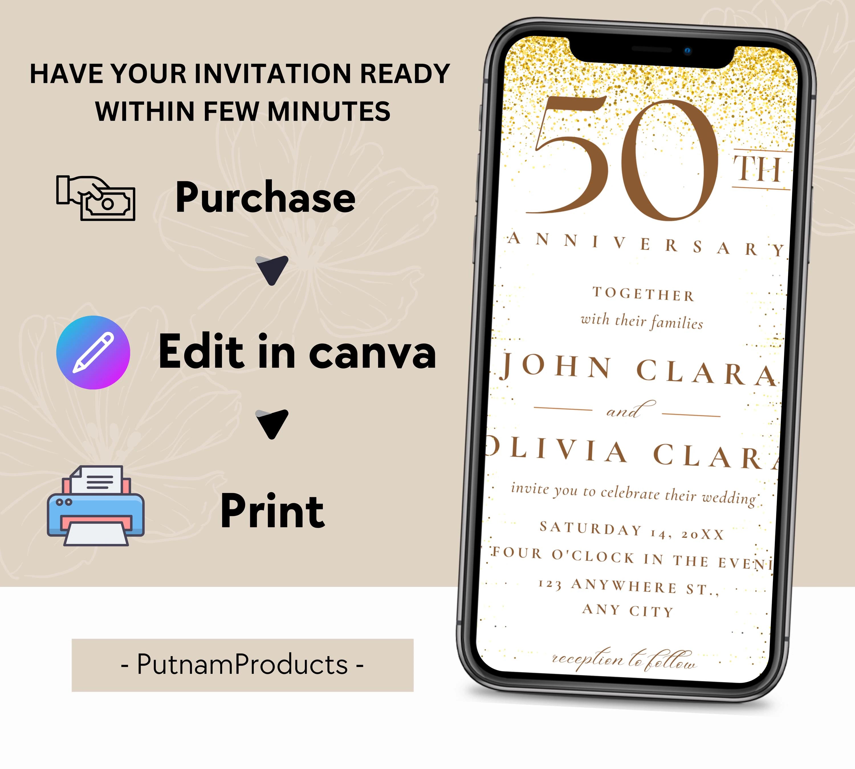 Editable Gold Wedding Anniversary Invitation Templates, 50th Anniversary invitation, Greenery, Gold, Elegant, Foliage, Eucalyptus INVITE