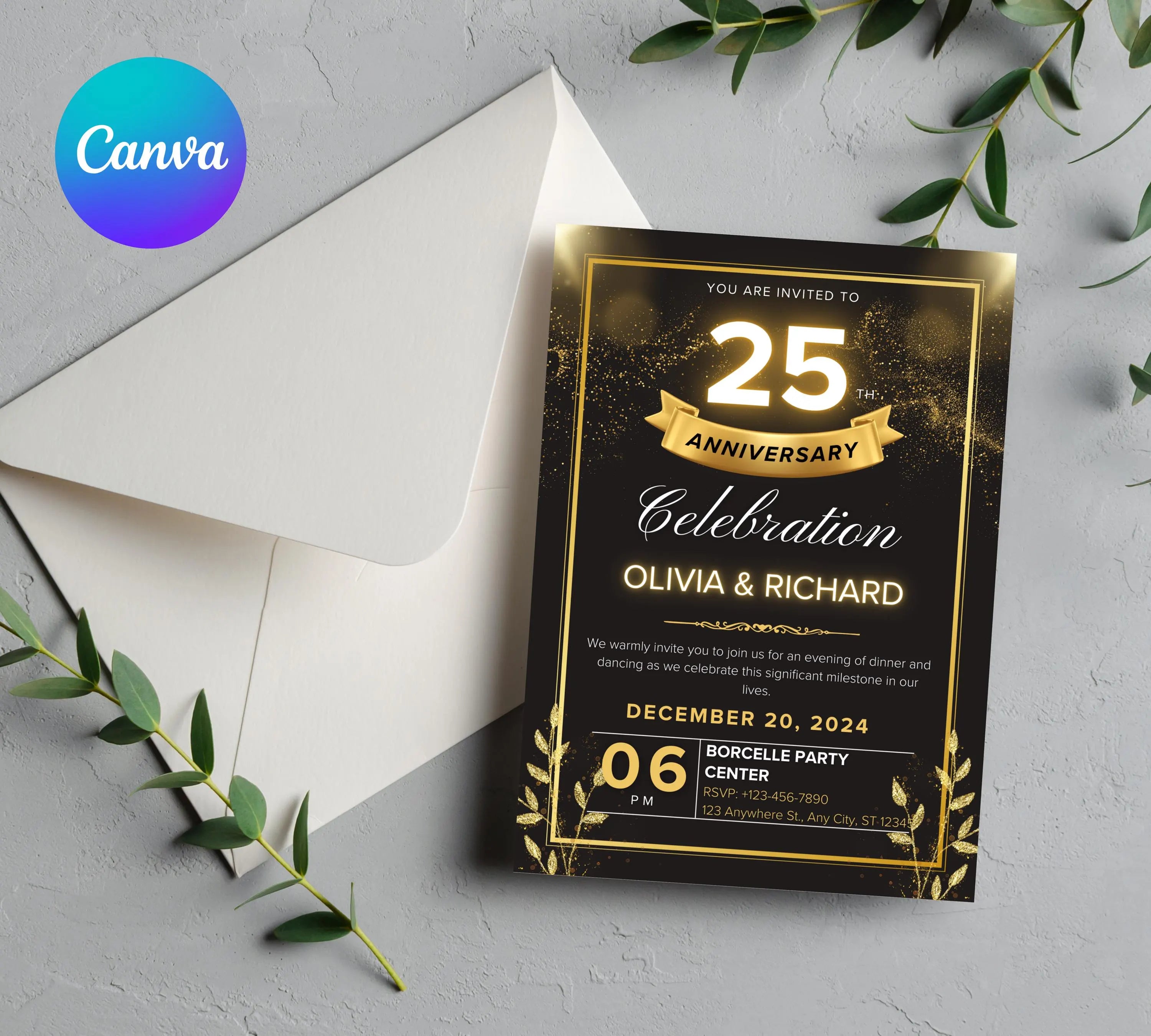Editable Gold Floral 50th Wedding Anniversary Invitation, 50th Wedding Anniversary Invitation, Golden Anniversary Invitation Template