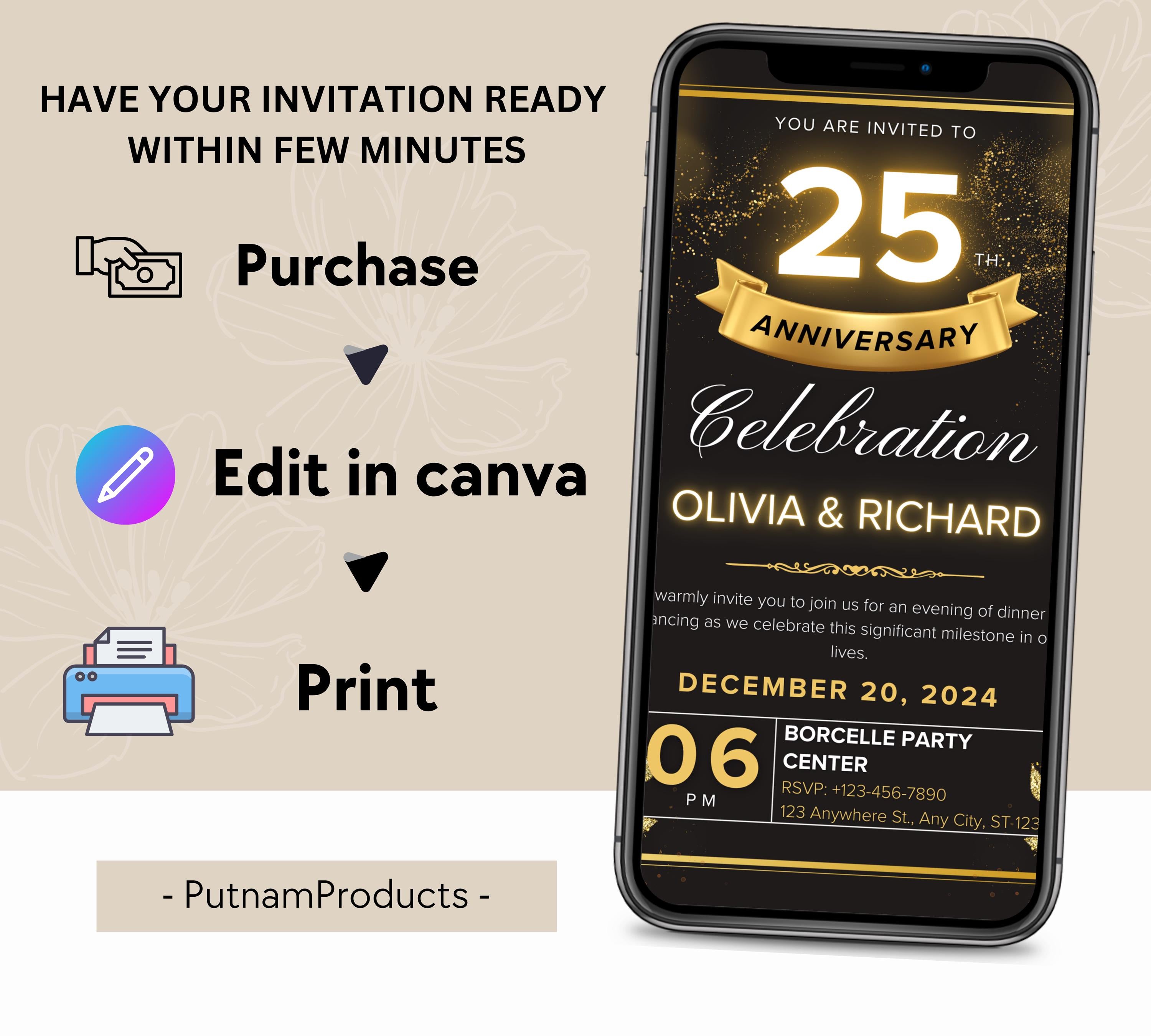 Editable Gold Floral 50th Wedding Anniversary Invitation, 50th Wedding Anniversary Invitation, Golden Anniversary Invitation Template