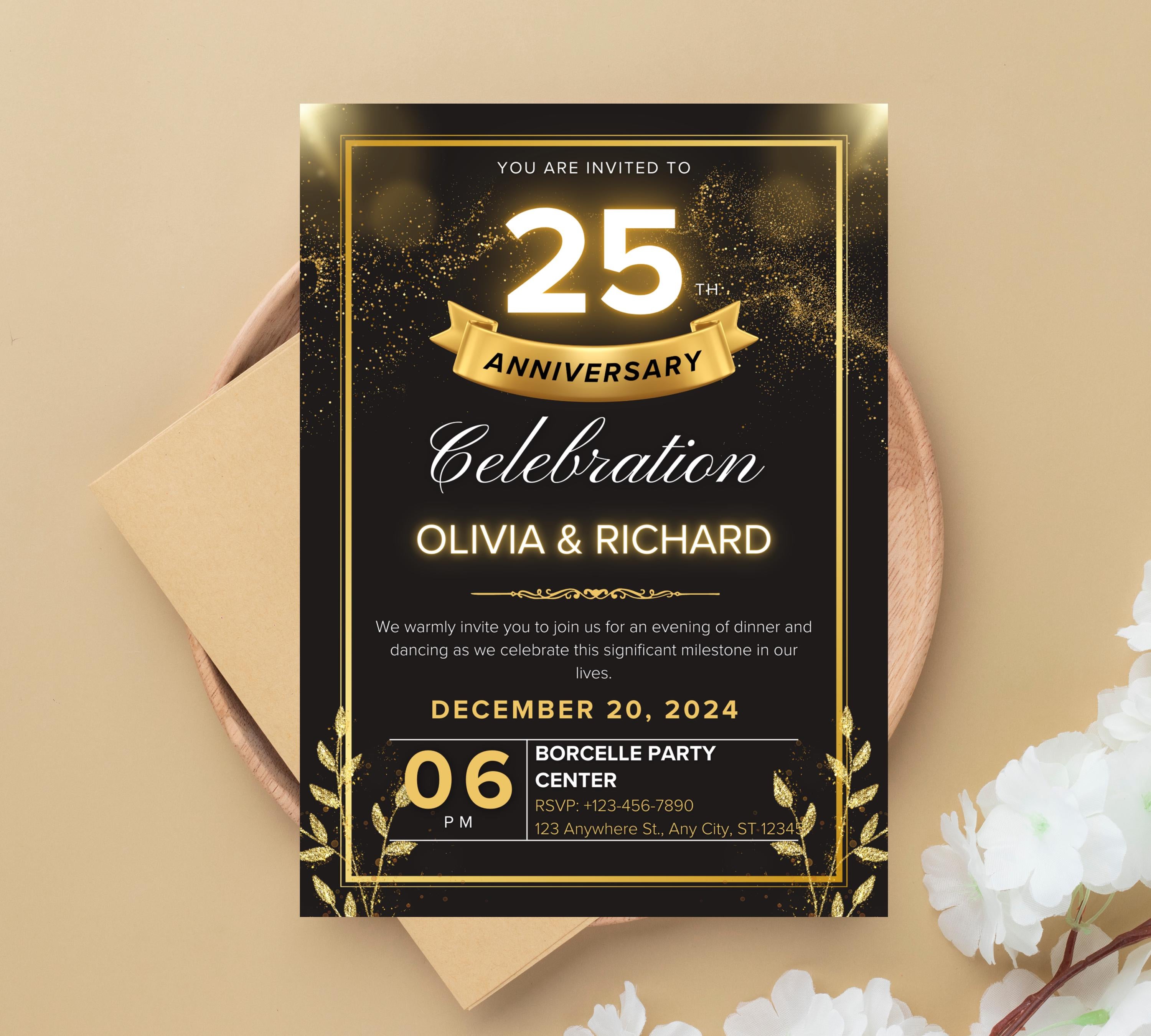 Editable Gold Floral 50th Wedding Anniversary Invitation, 50th Wedding Anniversary Invitation, Golden Anniversary Invitation Template