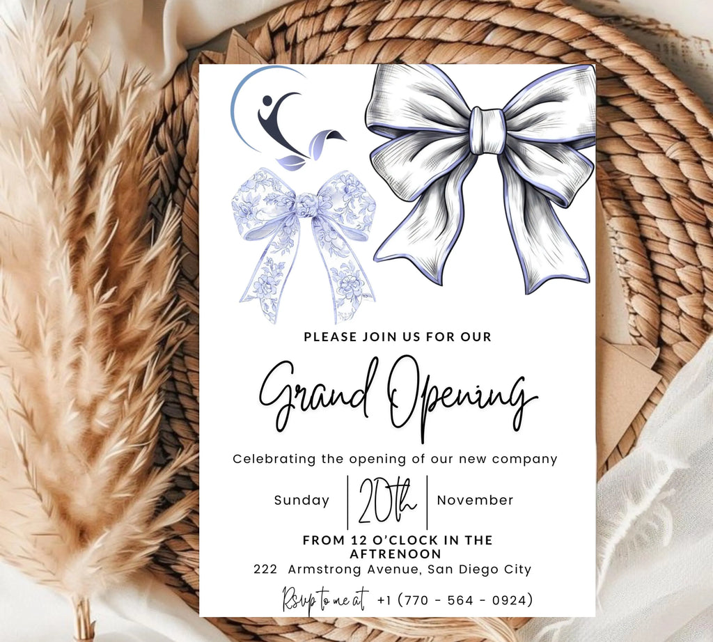 Blue Coquette Bow Business Grand Opening Invitation, Digital Company Event Flyer, Grand Opening Invitation Templates, Ribbon Cutting Invites
