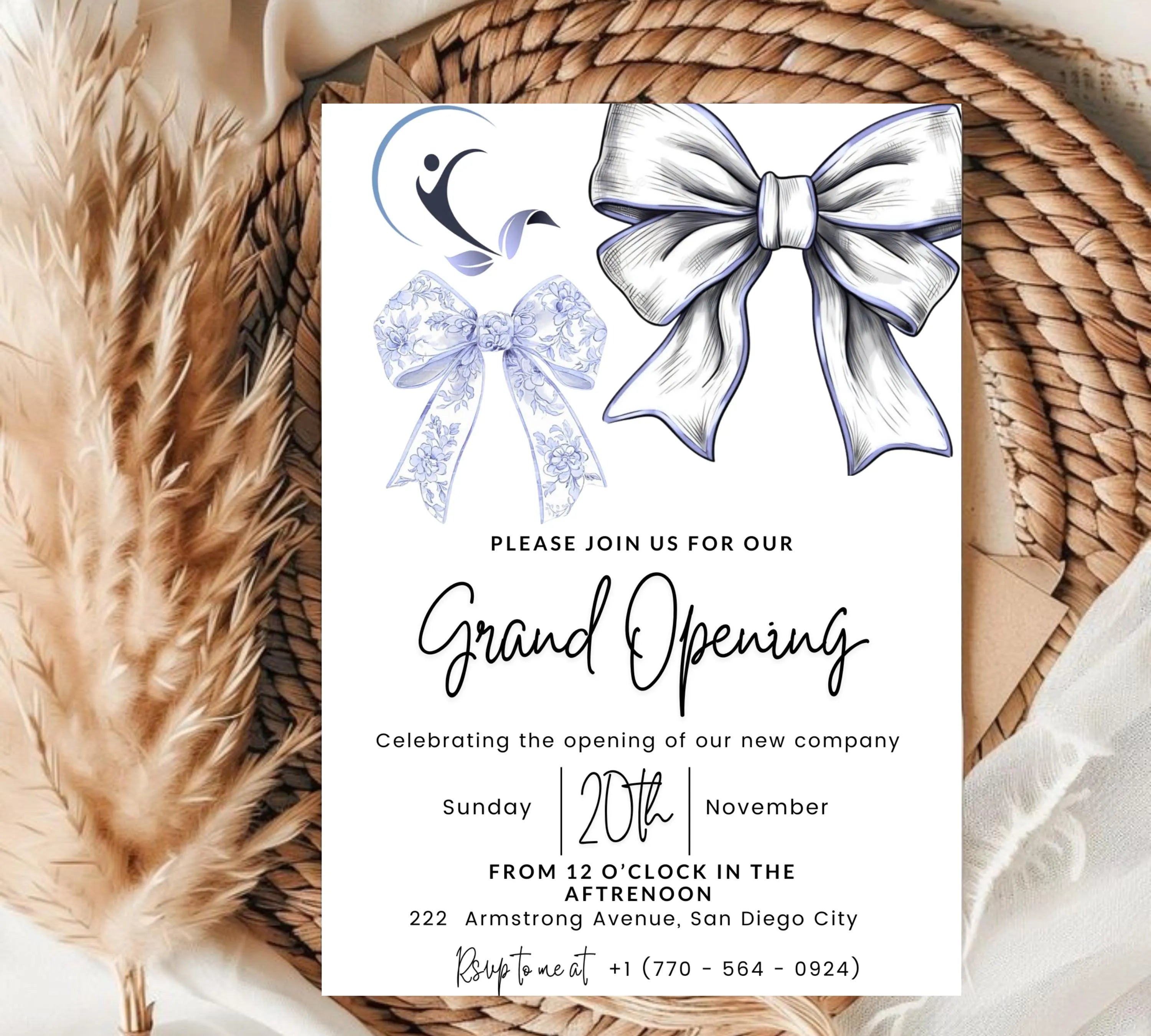 Blue Coquette Bow Business Grand Opening Invitation, Digital Company Event Flyer, Grand Opening Invitation Templates, Ribbon Cutting Invites
