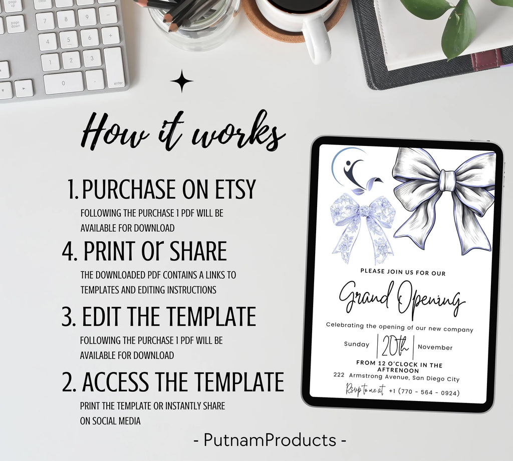 Blue Coquette Bow Business Grand Opening Invitation, Digital Company Event Flyer, Grand Opening Invitation Templates, Ribbon Cutting Invites