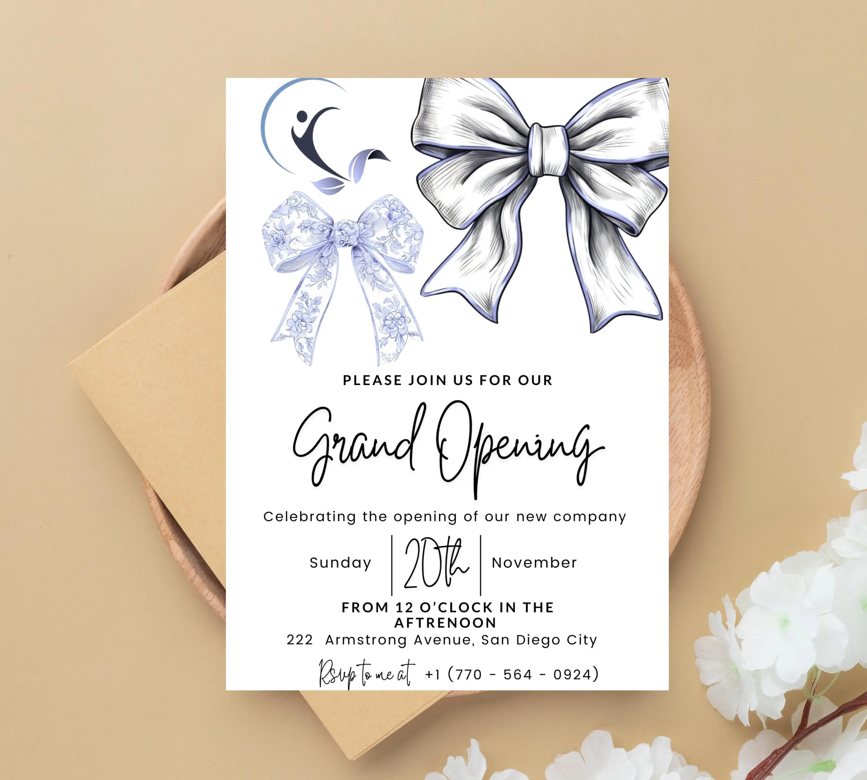 Blue Coquette Bow Business Grand Opening Invitation, Digital Company Event Flyer, Grand Opening Invitation Templates, Ribbon Cutting Invites