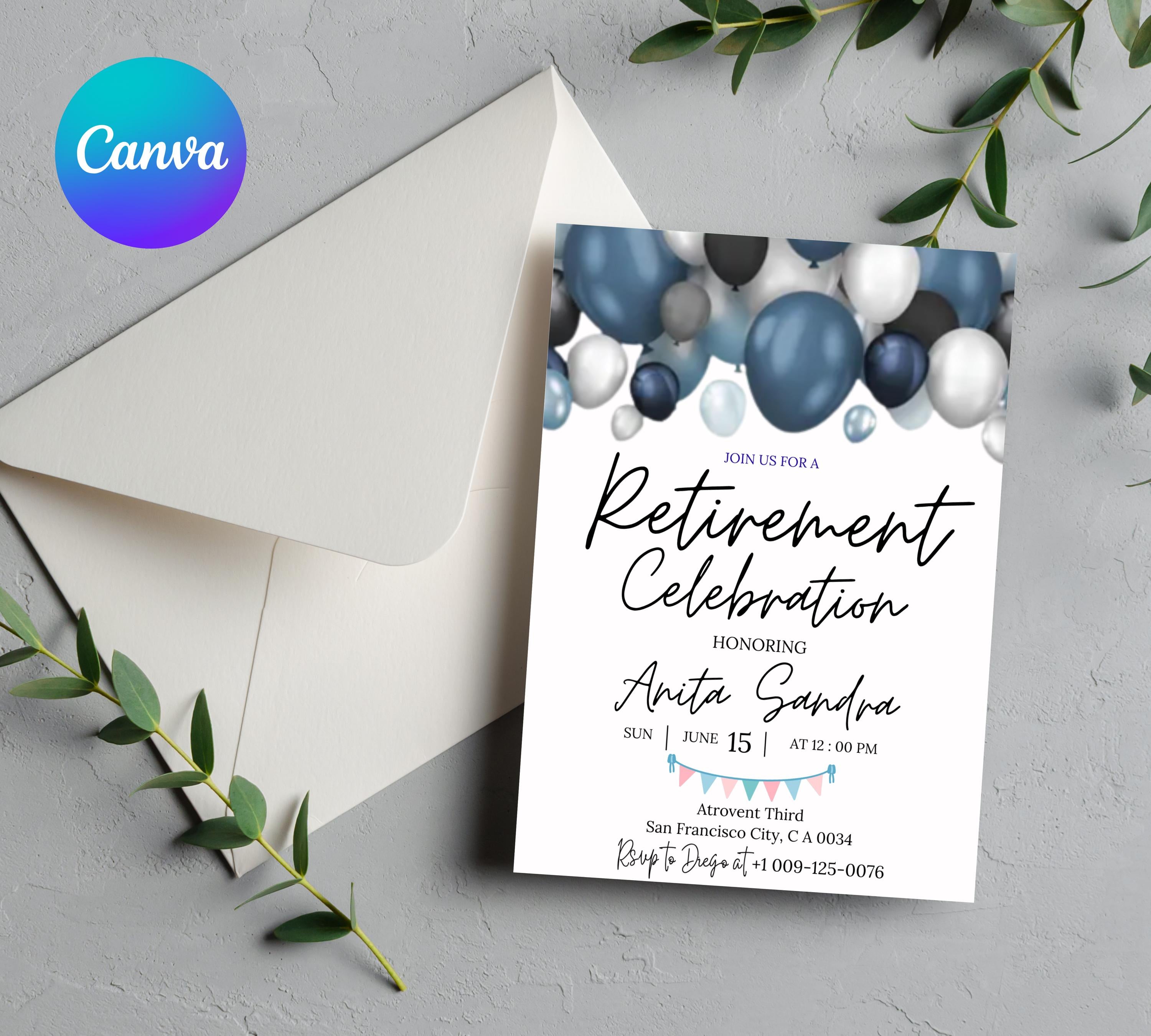 Retirement Party Invitation, Elegant Blue White Black + Silver Balloons, Work Retire Mens Women's, Out of Office Forever, Retirement Invite
