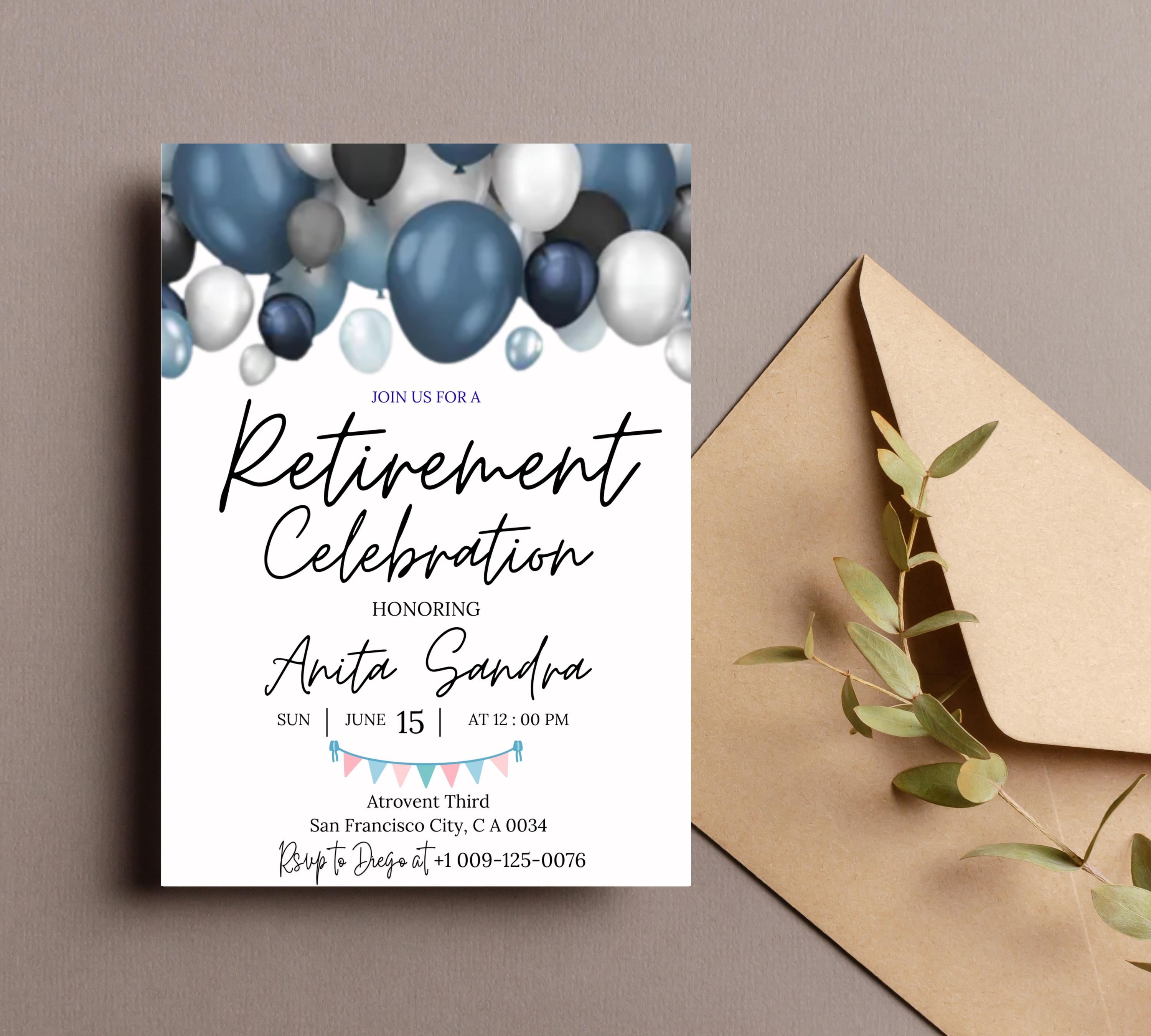 Retirement Party Invitation, Elegant Blue White Black + Silver Balloons, Work Retire Mens Women's, Out of Office Forever, Retirement Invite