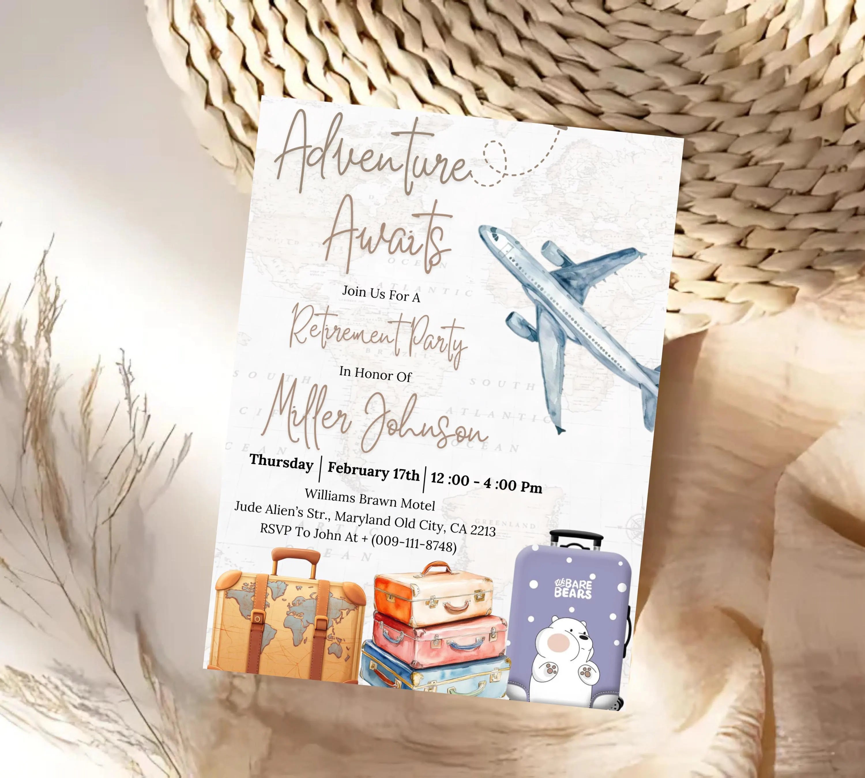 Travel Retirement Invitation, Adventure Awaits Retirement Party Templates, Around The World Farewell Party, Suitcase Luggage Travel Invites