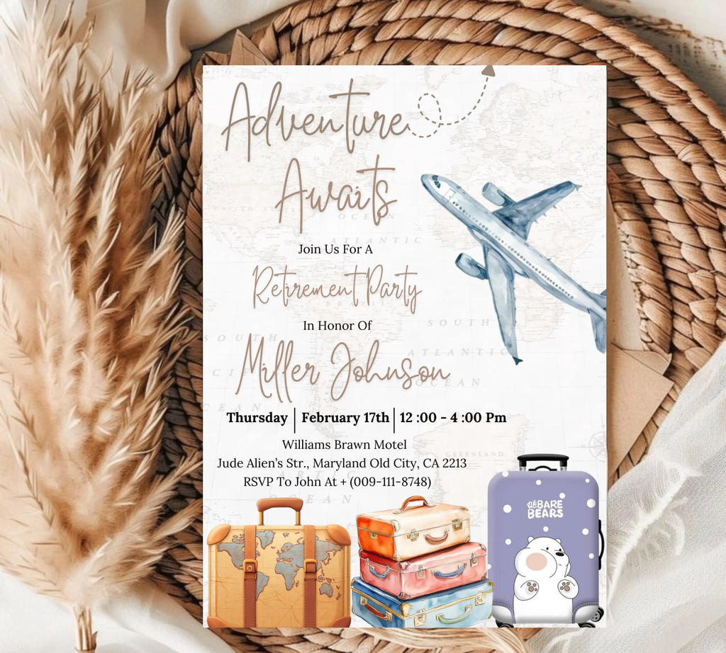 Travel Retirement Invitation, Adventure Awaits Retirement Party Templates, Around The World Farewell Party, Suitcase Luggage Travel Invites