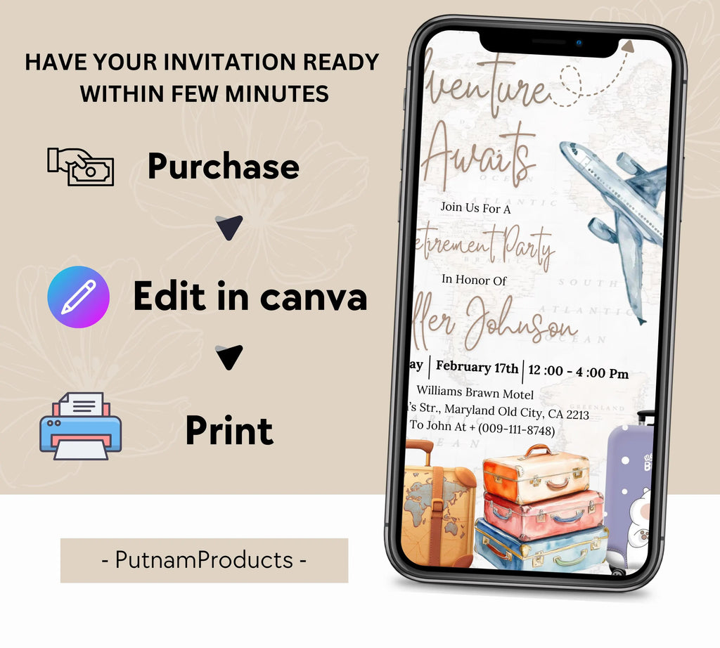 Travel Retirement Invitation, Adventure Awaits Retirement Party Templates, Around The World Farewell Party, Suitcase Luggage Travel Invites
