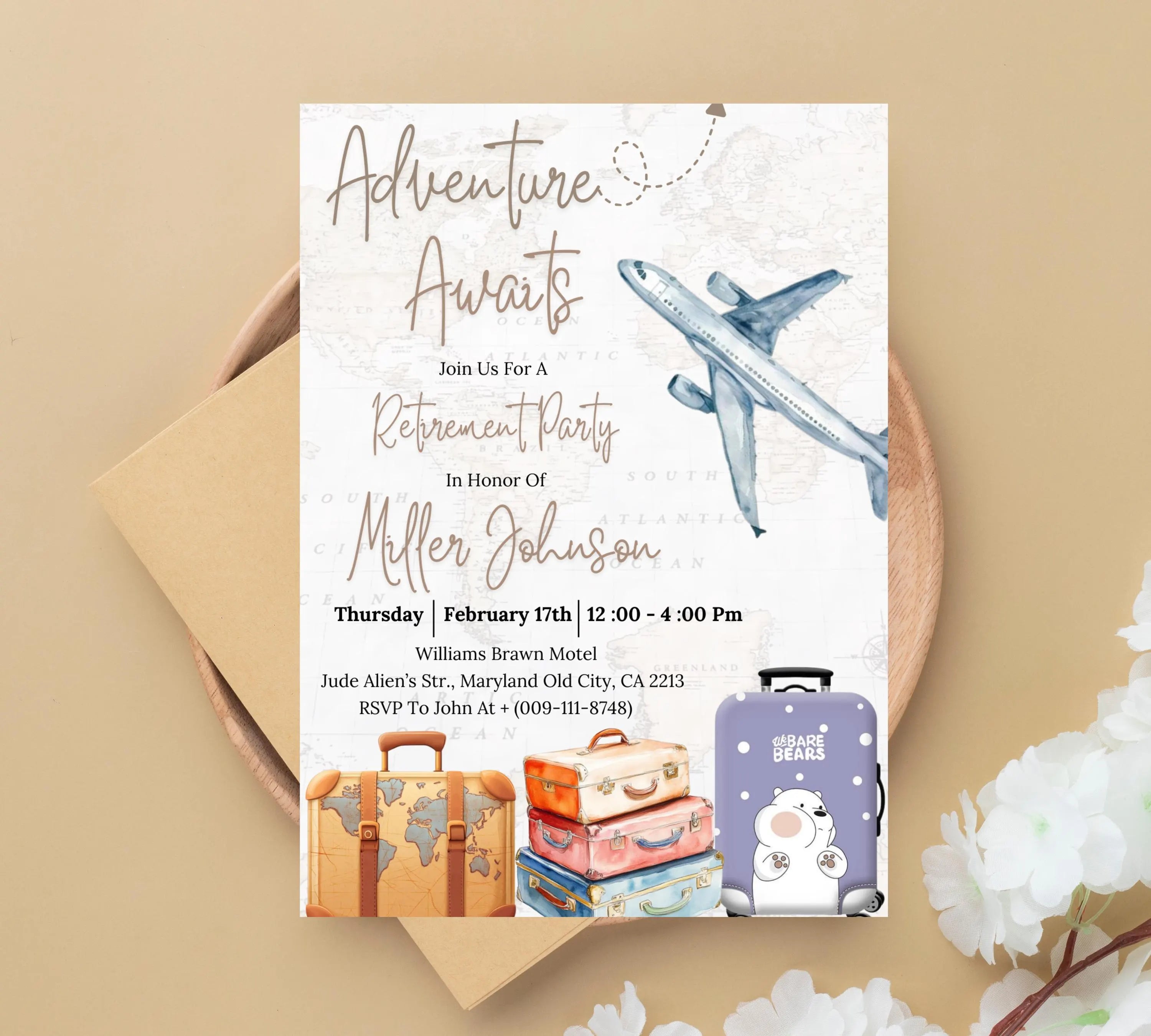 Travel Retirement Invitation, Adventure Awaits Retirement Party Templates, Around The World Farewell Party, Suitcase Luggage Travel Invites