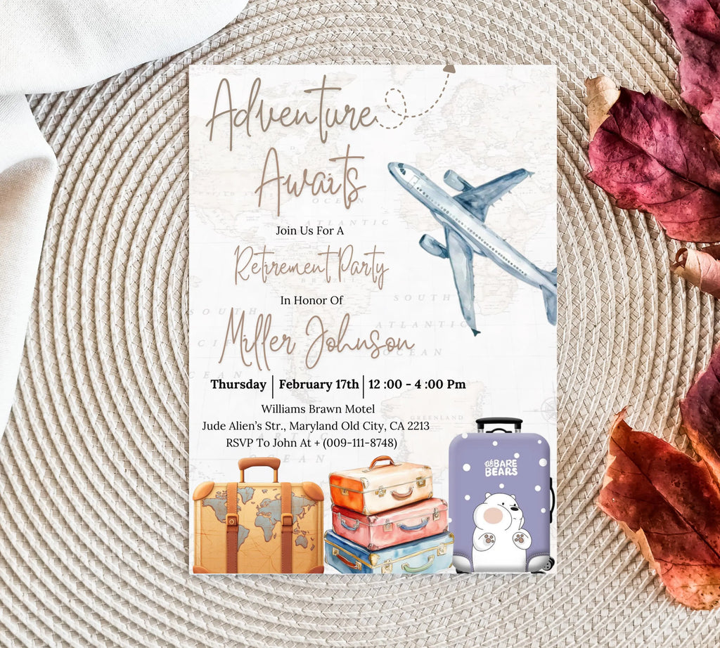 Travel Retirement Invitation, Adventure Awaits Retirement Party Templates, Around The World Farewell Party, Suitcase Luggage Travel Invites