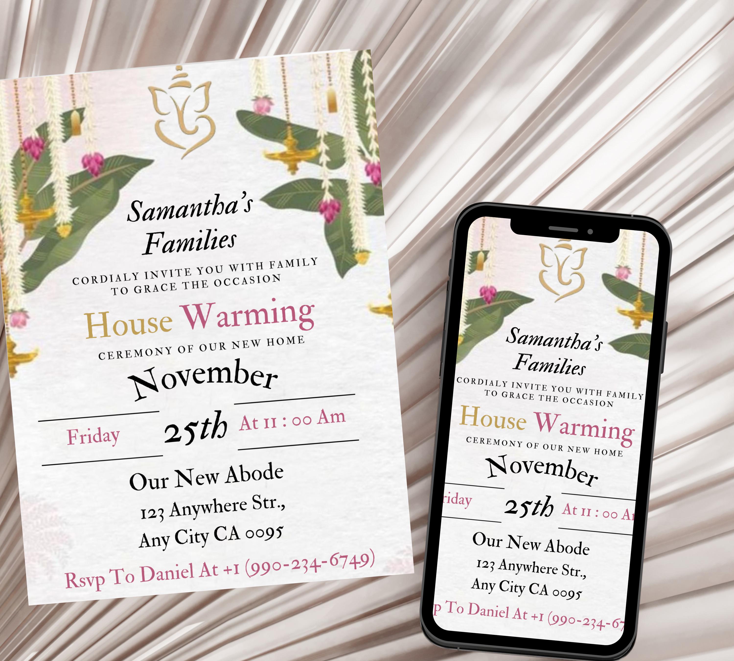 Housewarming Invitation Card, Graha Pravesh Invitation, Vastu Pooja Invitation Template, Indian Griha Pravesam House Invitation Card