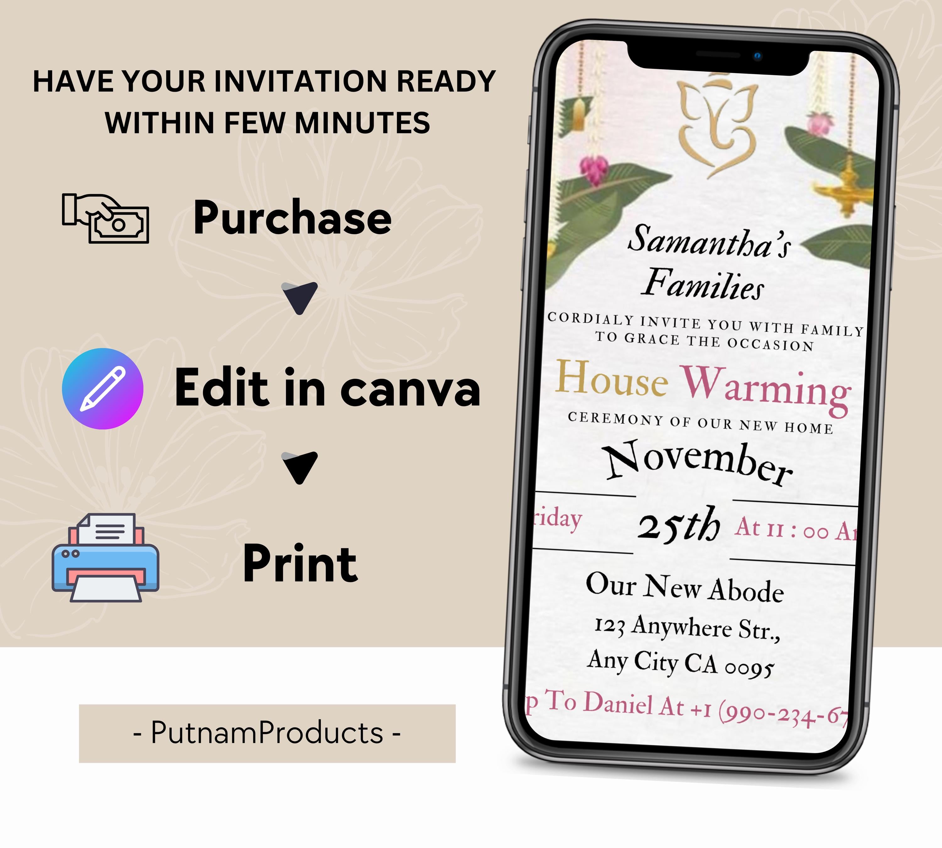 Housewarming Invitation Card, Graha Pravesh Invitation, Vastu Pooja Invitation Template, Indian Griha Pravesam House Invitation Card