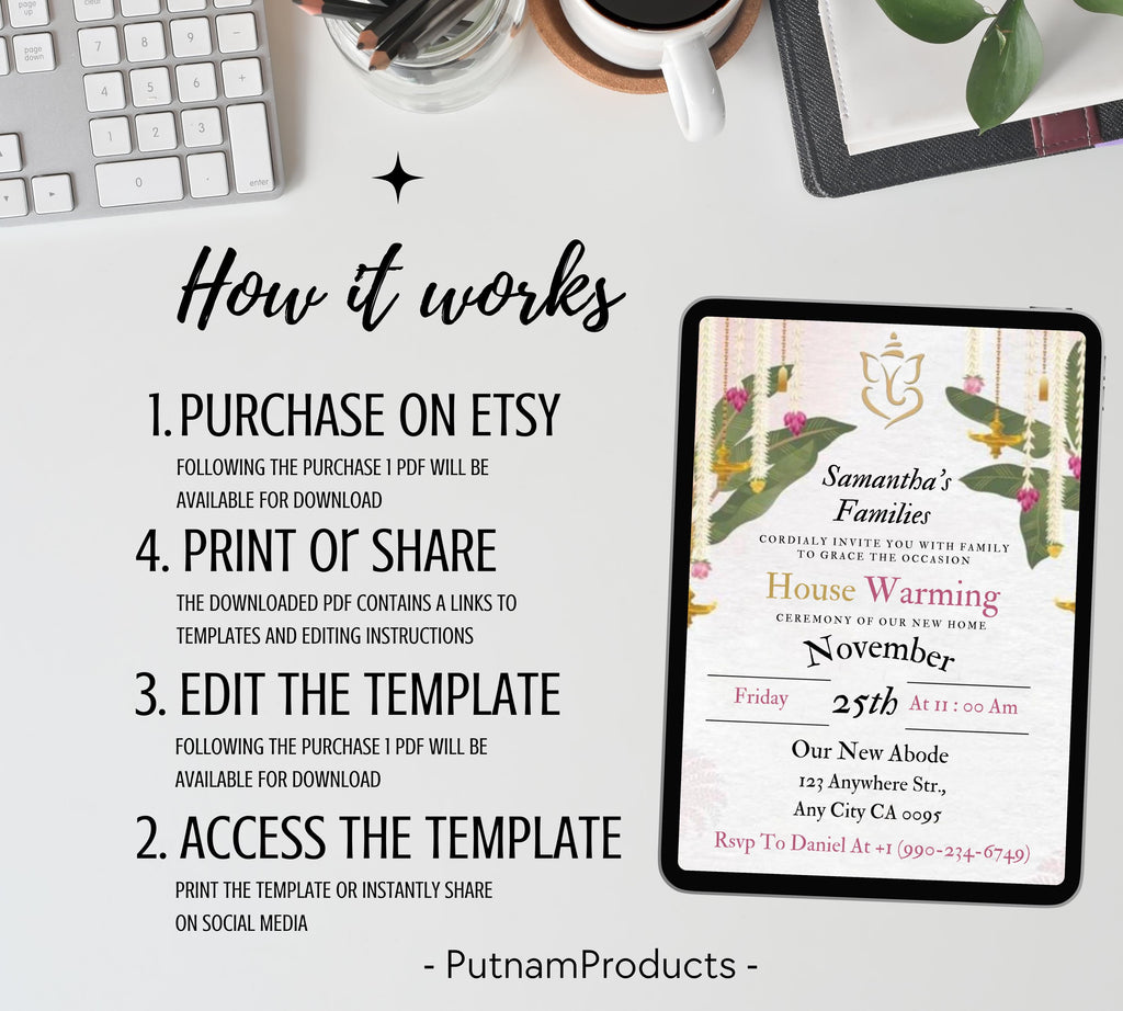 Housewarming Invitation Card, Graha Pravesh Invitation, Vastu Pooja Invitation Template, Indian Griha Pravesam House Invitation Card