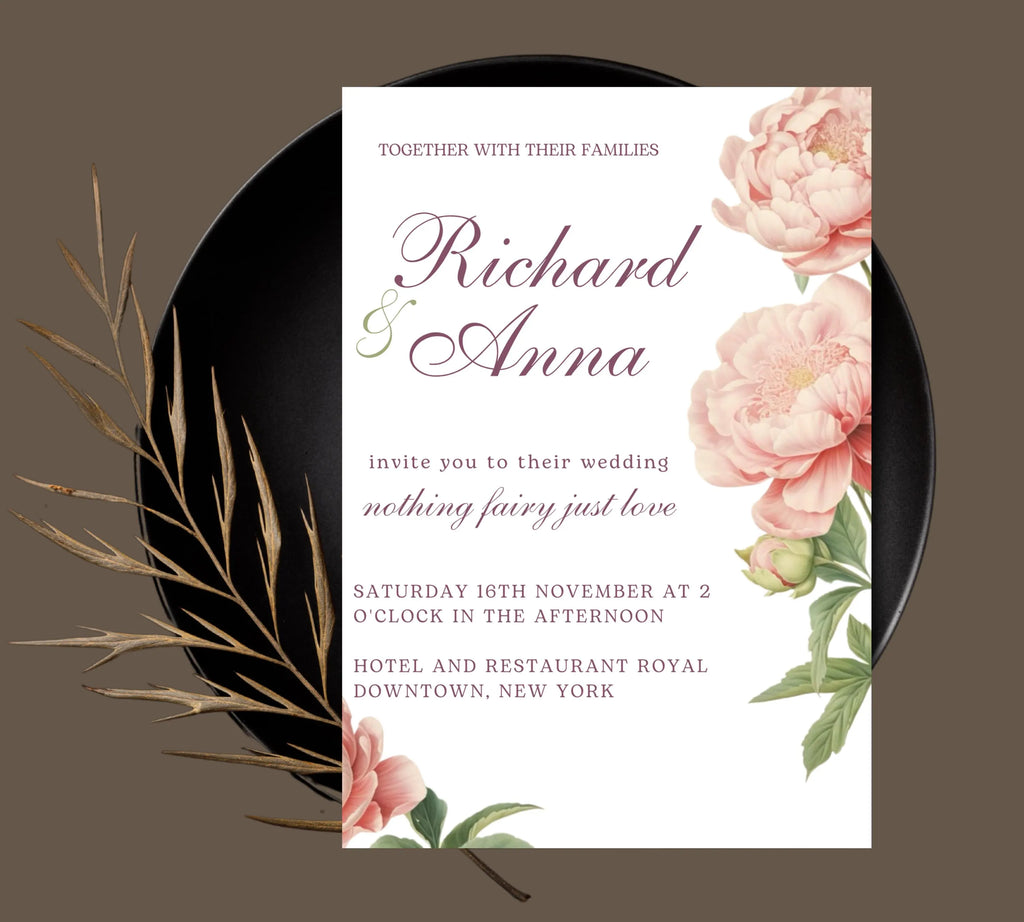 Elegant Peony Floral Wedding Invitation, Pink Peony Wedding Invitation, Blush Pink flowers Wedding Invitation, PEONY Wedding Invitation