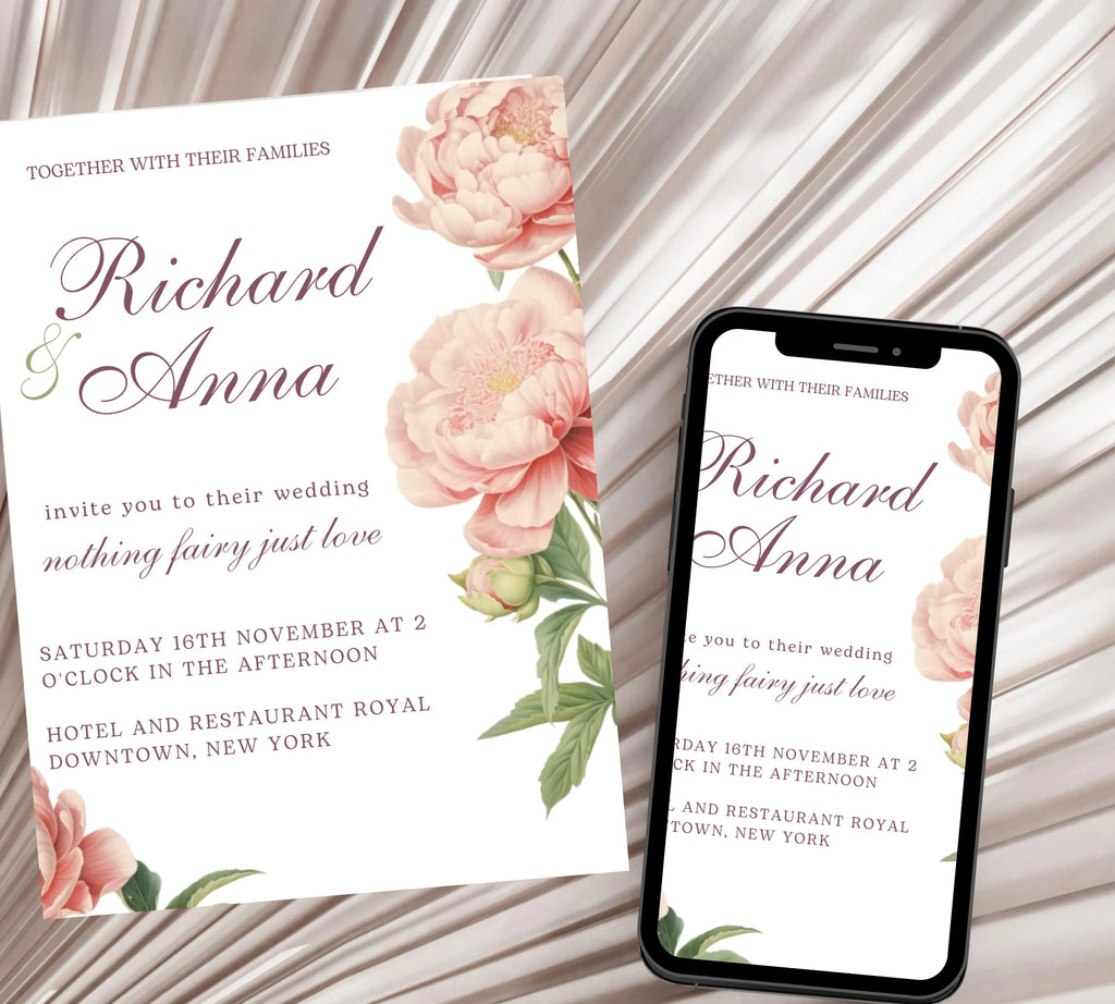 Elegant Peony Floral Wedding Invitation, Pink Peony Wedding Invitation, Blush Pink flowers Wedding Invitation, PEONY Wedding Invitation