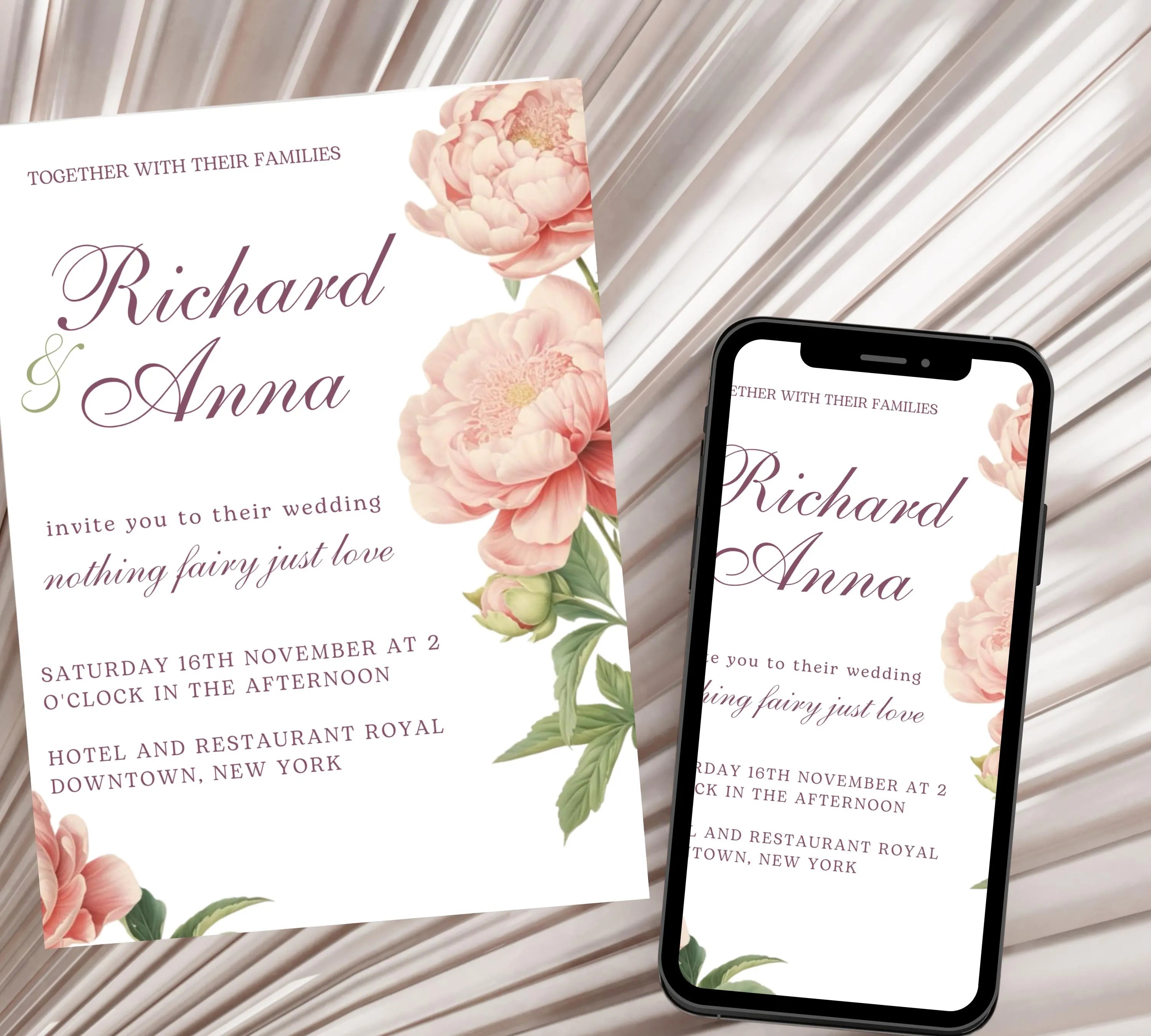 Elegant Peony Floral Wedding Invitation, Pink Peony Wedding Invitation, Blush Pink flowers Wedding Invitation, PEONY Wedding Invitation