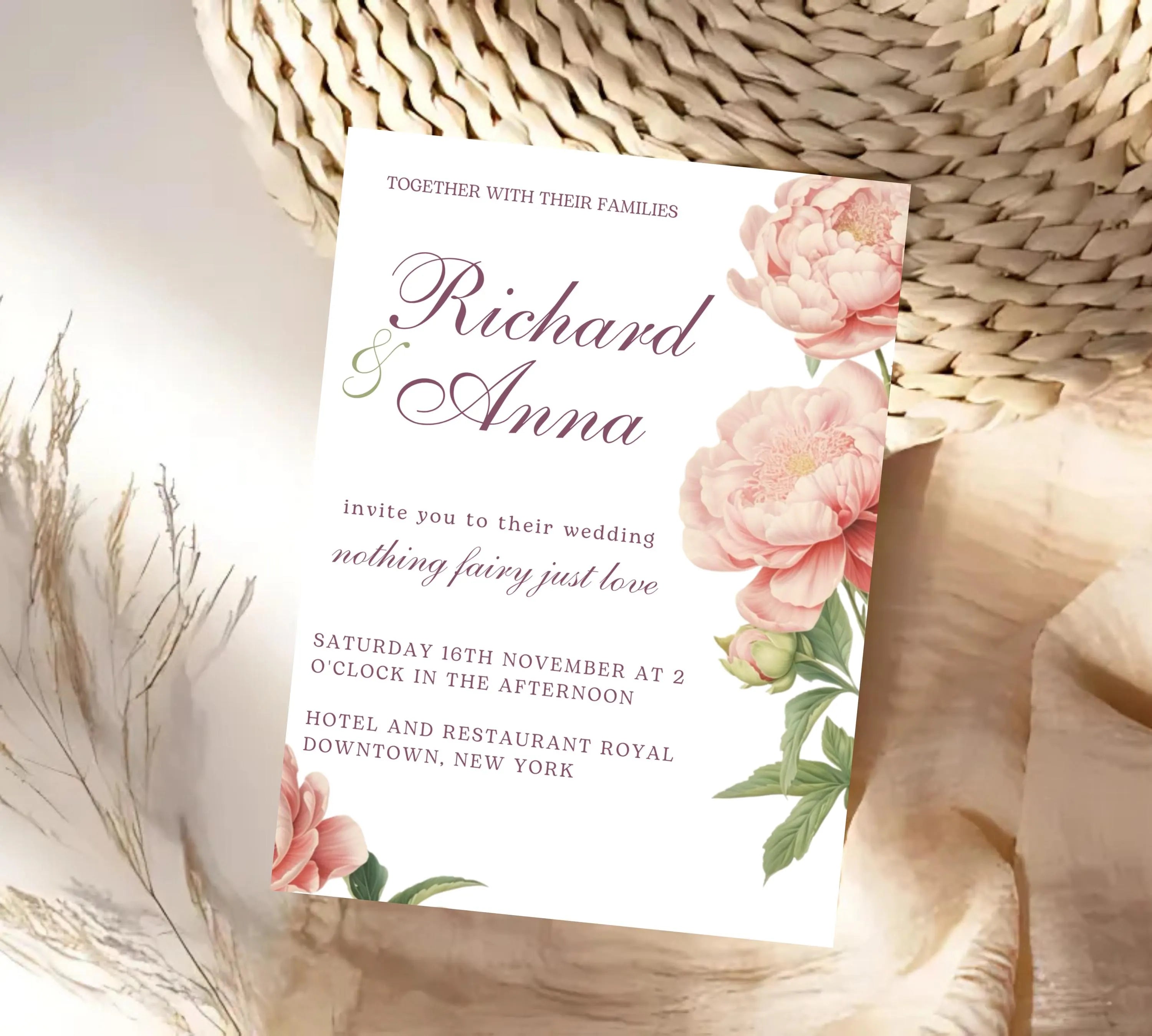 Elegant Peony Floral Wedding Invitation, Pink Peony Wedding Invitation, Blush Pink flowers Wedding Invitation, PEONY Wedding Invitation